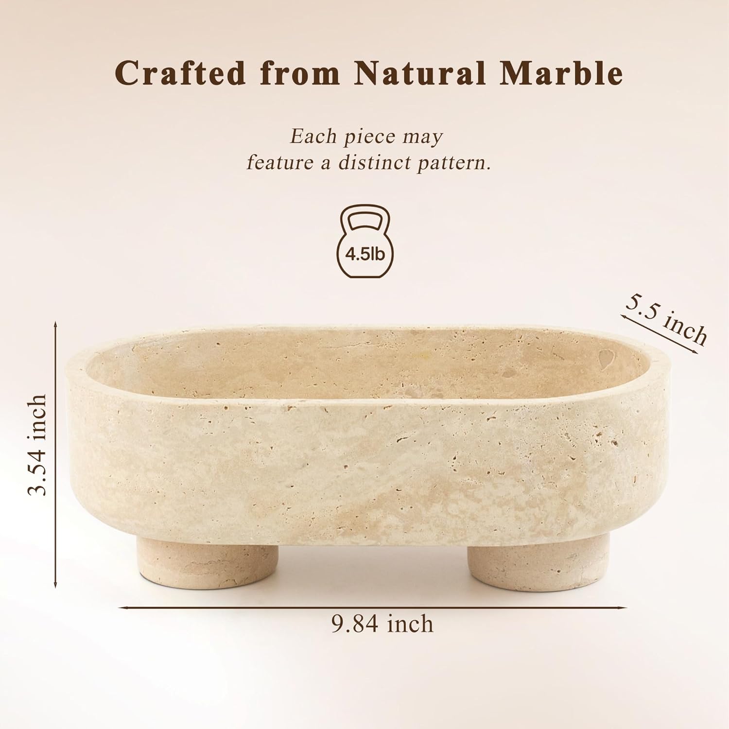 Natural Oval Travertine Stone Fruit Bowl for Kitchen Counter | Two-Legged Decorative Pedestal Bowl for Dining Table Decor, 10" Luxury Entryway Catchall Purse Bowl - Travertine