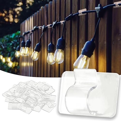 TW SHINE Ganchos para clips de luces de cadena para exteriores, paquete de 15 clips de gancho de luz transparente con 18 tiras adhesivas