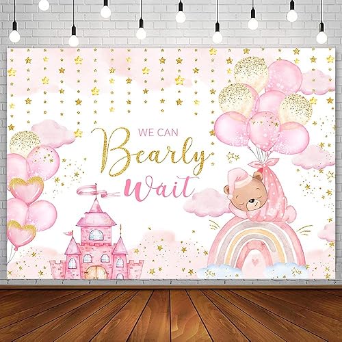 AIBIIN Telón de fondo de oso de 7 x 5 pies para niña We Can Bearly Wait to Meet You Pink Castle Rainbow Cloud Globo parpadeante estrella pequeña