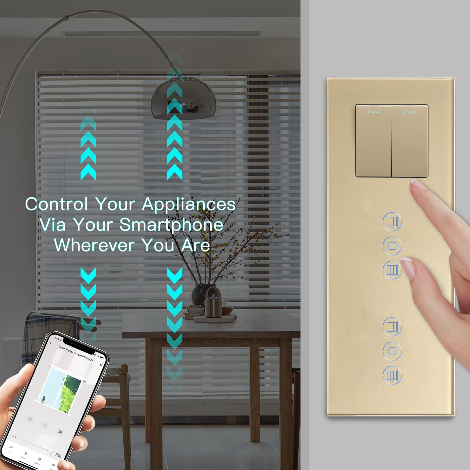 BSEED Druckknopf lichtschalter 2 Fach 1 Weg mit Rolladenschalter Doppelt Jalousieschalter Kompatibel mit Alexa Smart Life, Tuya und Google Home 228mm Gold