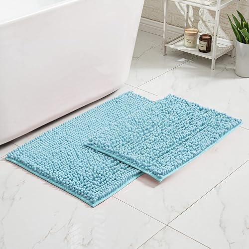 CozeCube Tapetes de baño de felpilla antideslizantes, suaves y peludas para baño, lavables, juego de tapetes de baño azules de 32 x 20 pulgadas más