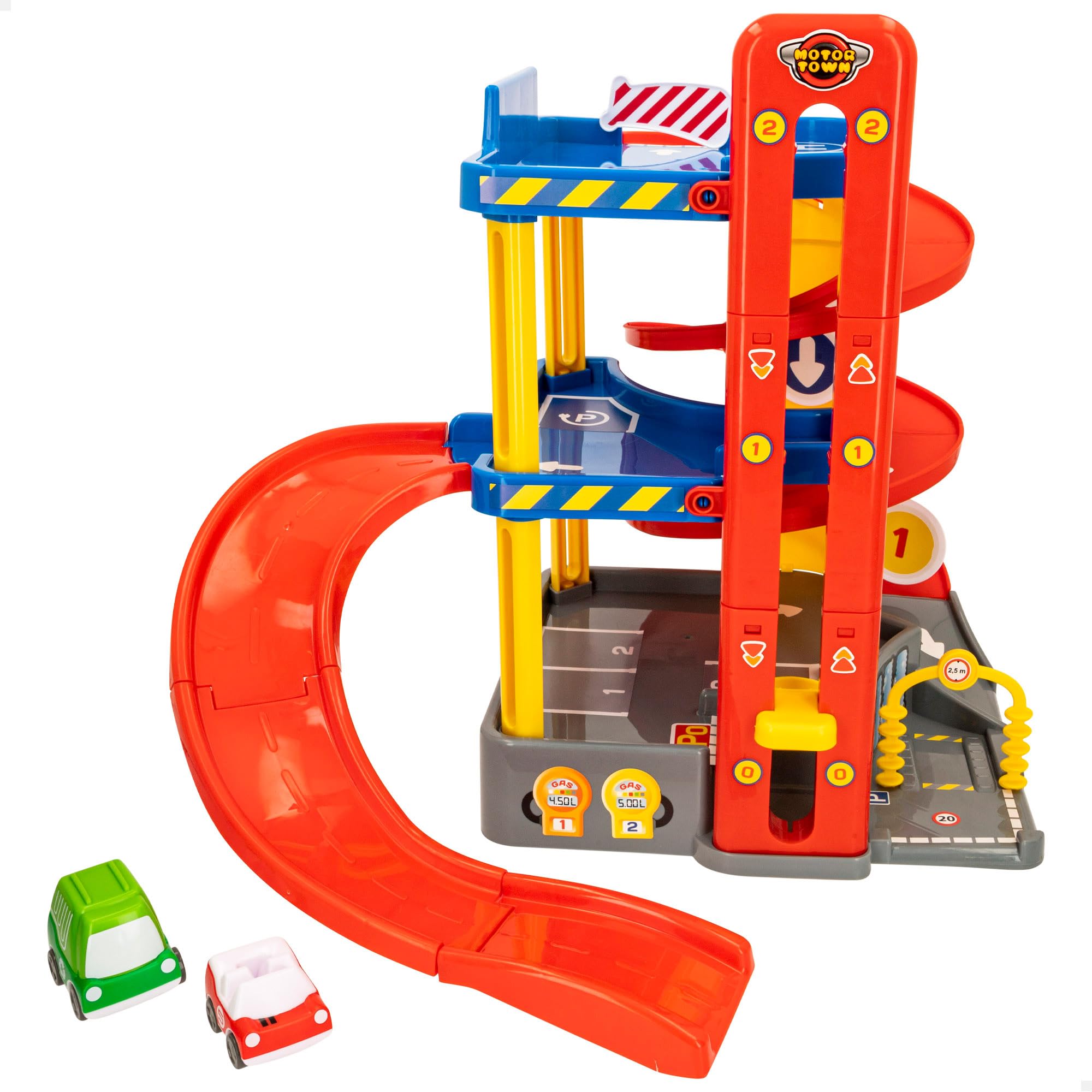 COLORBABY Motor Town, Parking de Juguetes 3 Niveles y Doble Rampa, Incluye 2 Coches y 2 Rampas de Lanzamiento, Pista y Garage Infantil, Juguetes para Niños (49965)