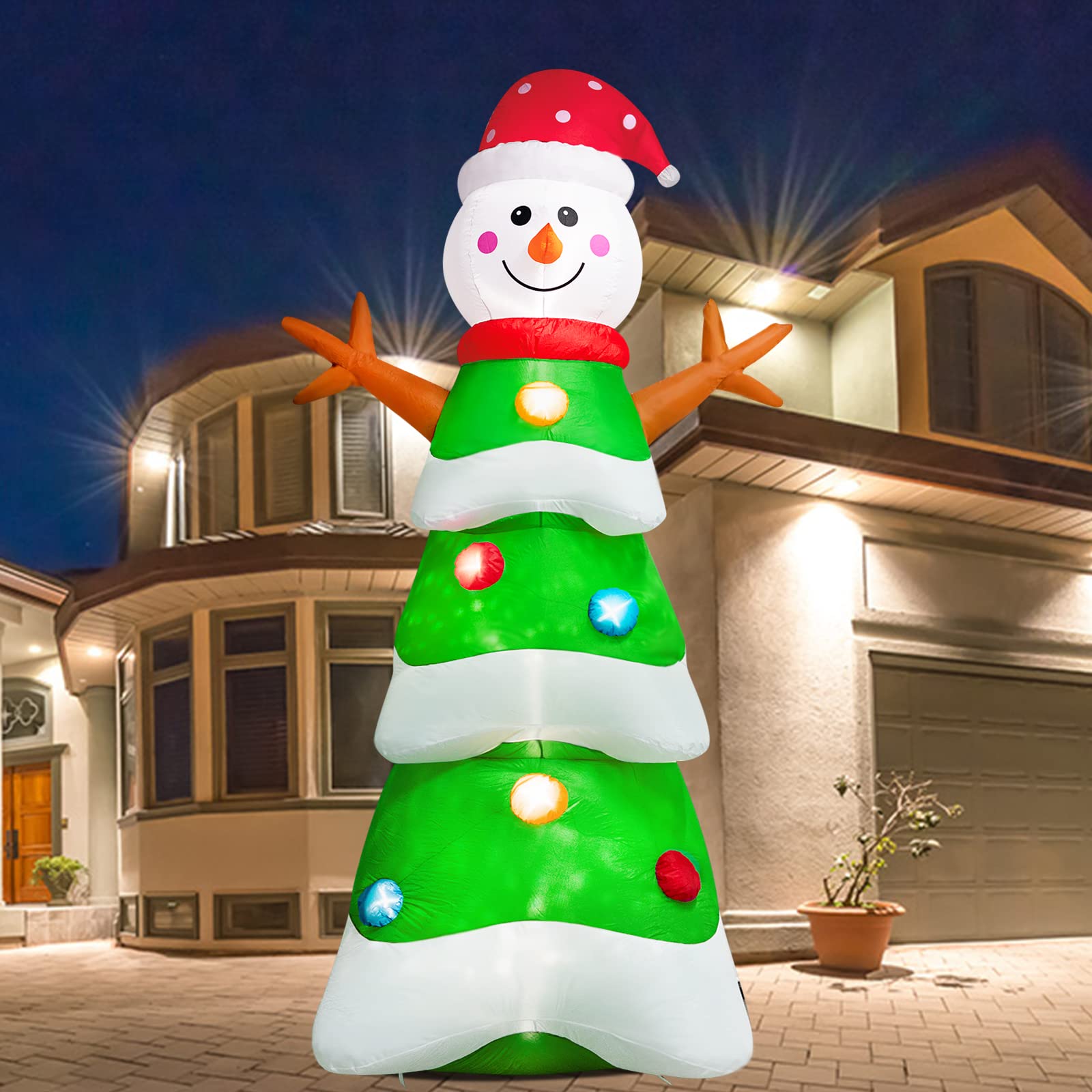 10FT Length Xmas Tree Inflatables and Snowmen Family Decorations, Snowmen Inflatables with Xmas Tree Arch Built in Led Lights for Christmas Yard Outdoor Decoration