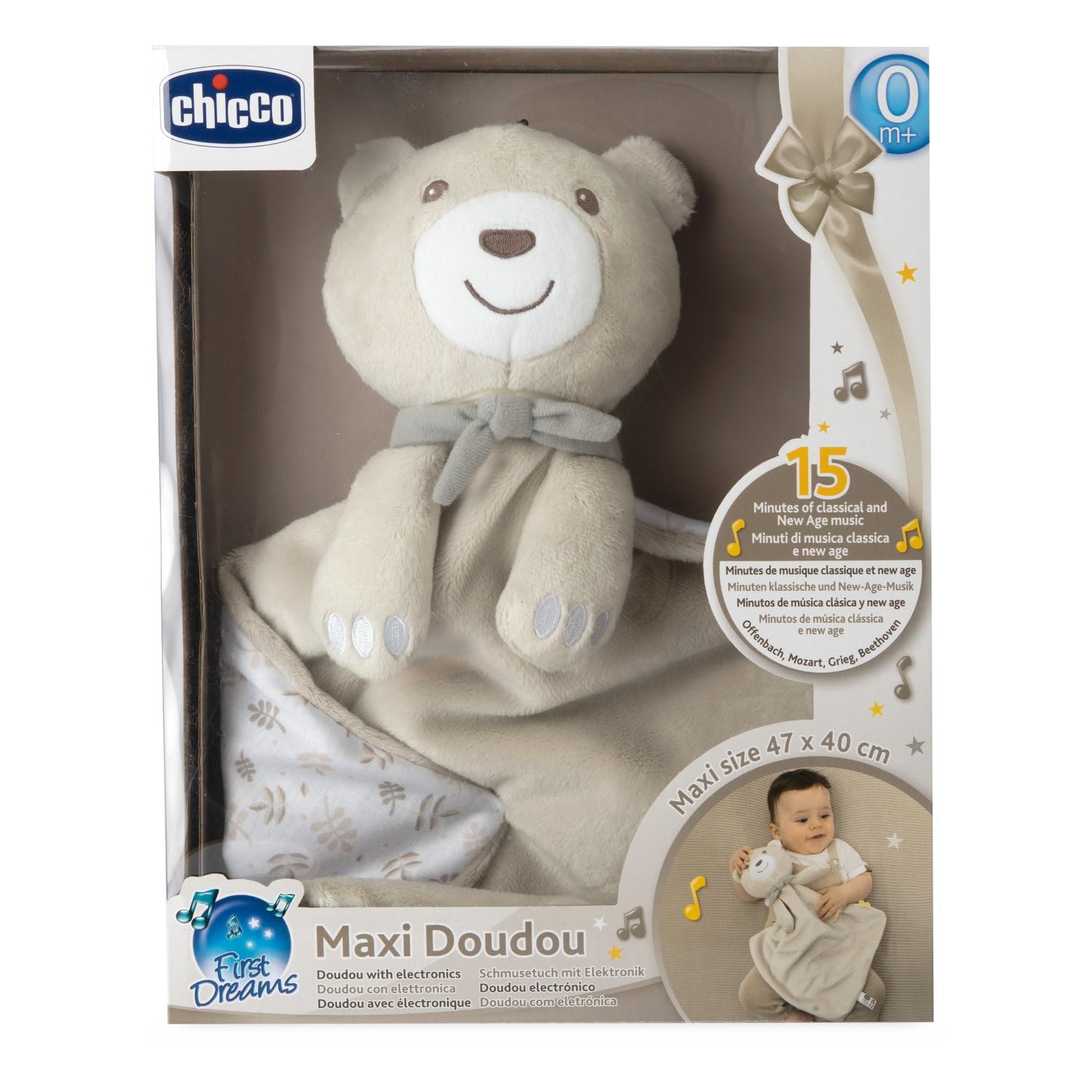 Chicco Gioco Maxi Doudou, Peluche in Morbido Velluto A Forma di Orsetto, con Musica Classica e New Age, Doudou Neonato, Lavabile in Lavatrice, Morbido da Coccolare, Da 0+ Mesi, Neutro, Regalo Neonato