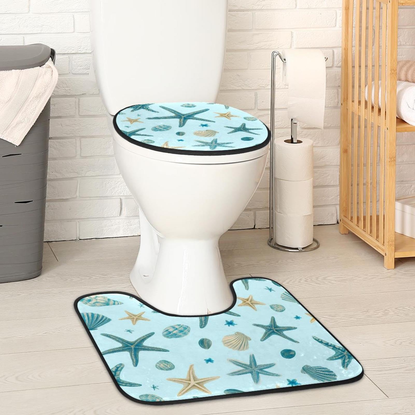 2 Pieces Flannel Toilet Contour Mat and Toilet Lid Cover, Soft Toilet Lid Cover Set Machine Washable Non Slip Contour Mat for Bathroom Decor Accessories