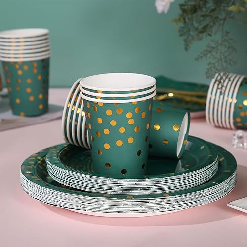 Miniatura 5 de Decoraciones de fiesta verdes y doradas, 200 platos y servilletas verde esmeralda, suministros de fiesta, platos de cumpleaños para decoraciones de
