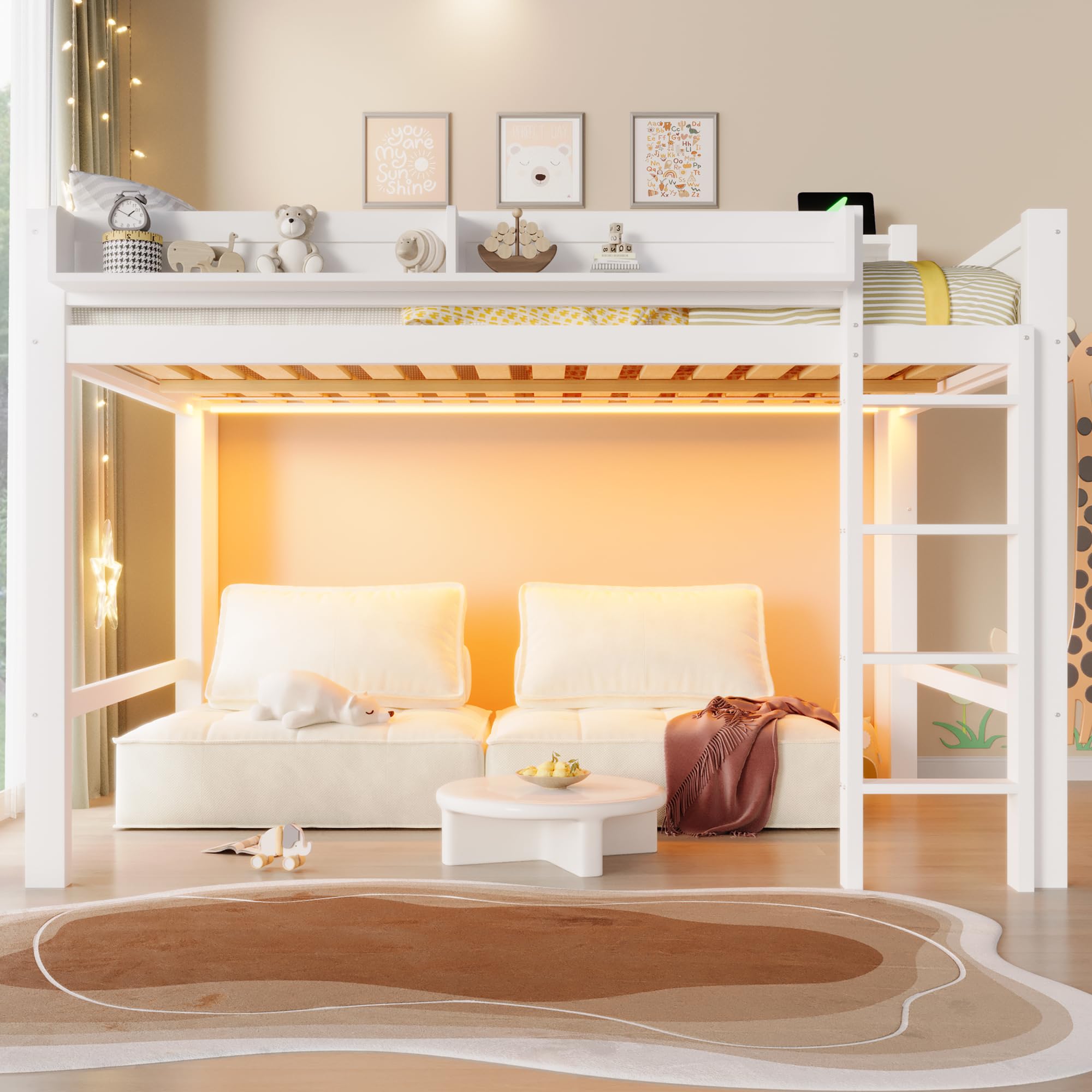 Lit Superposé Enfant 140x200cm avec éclairage LED et Port USB,Lit Mezzanine 2 Place en Bois avec rangements,Garde Corps,lit Jeune duoble,Cadre de lit Double,sans Matelas,Blanc