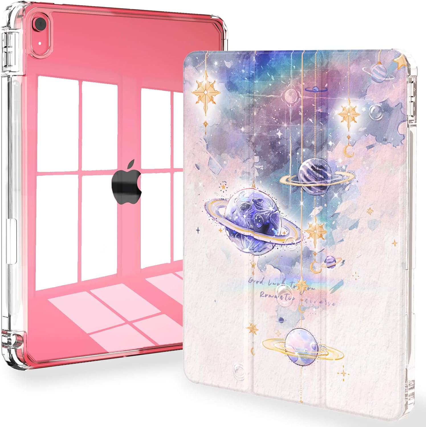 Feams Case for iPad (A16) 11th Generation 11 Inch 2025, iPad 10th Generation 10.9 Inch 2022, Slim Tri-Fold Stand Clear Back Cover with Pencil Holder & Auto Sleep, Pink Bow Rose