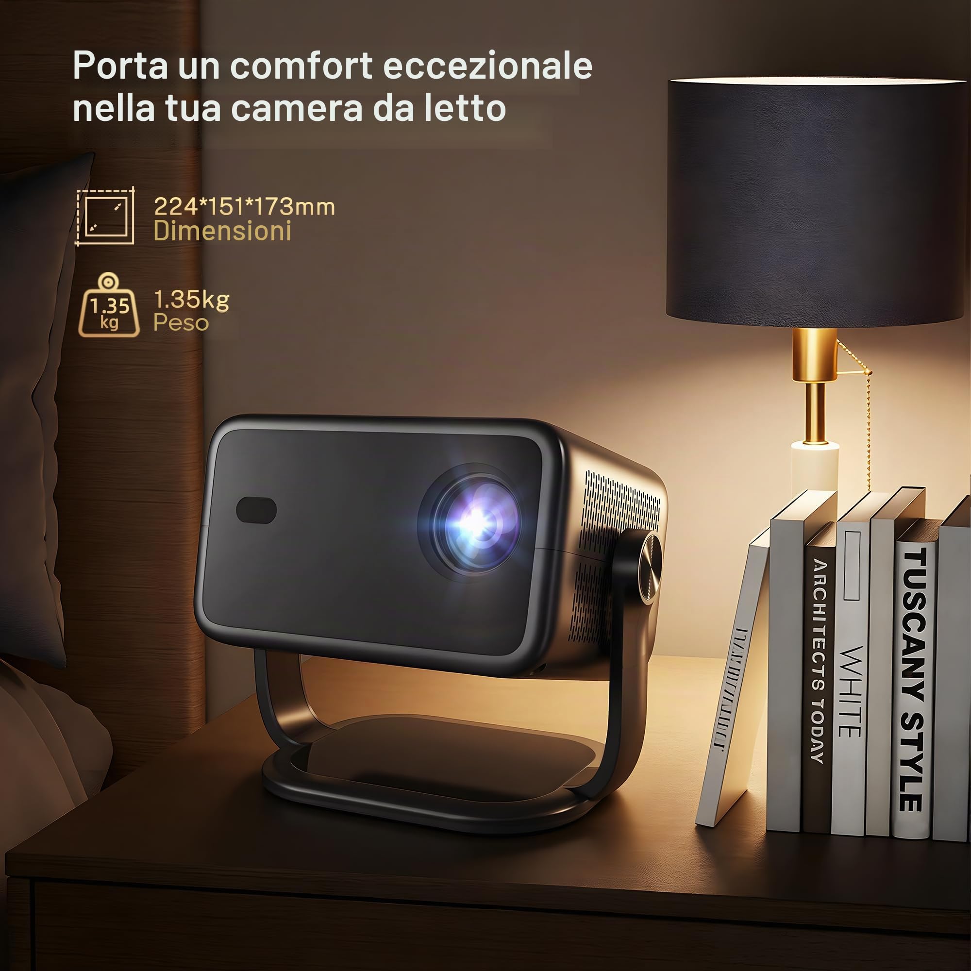 [Controllo vocale KI/Android 14] Smart Beamer, 1080P nativo, 4K supporto | 800 ANSI, audio HiFi, messa a fuoco automatica/correzione trapezoidale, WiFi 6 & BT 5.4, proiettore home cinema
