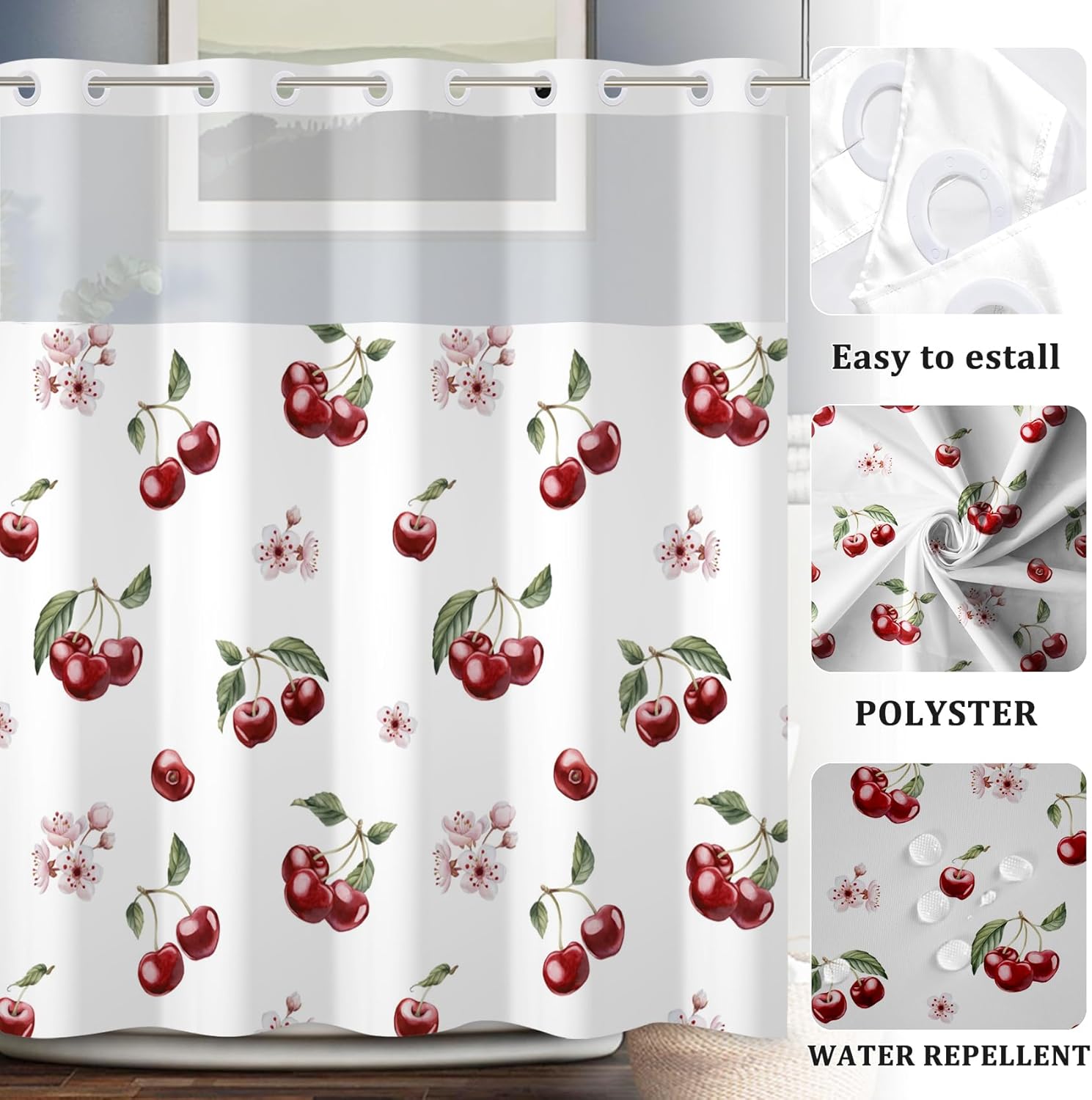 Baocicco Cherry No Hook Shower Curtain Sweet Pink Fruits See Through Top Window Open Grommet Bath Curtain Girls Bathroom Decors Hotel Style Double Layers with See Through Mesh Top Window 71x74 Inch