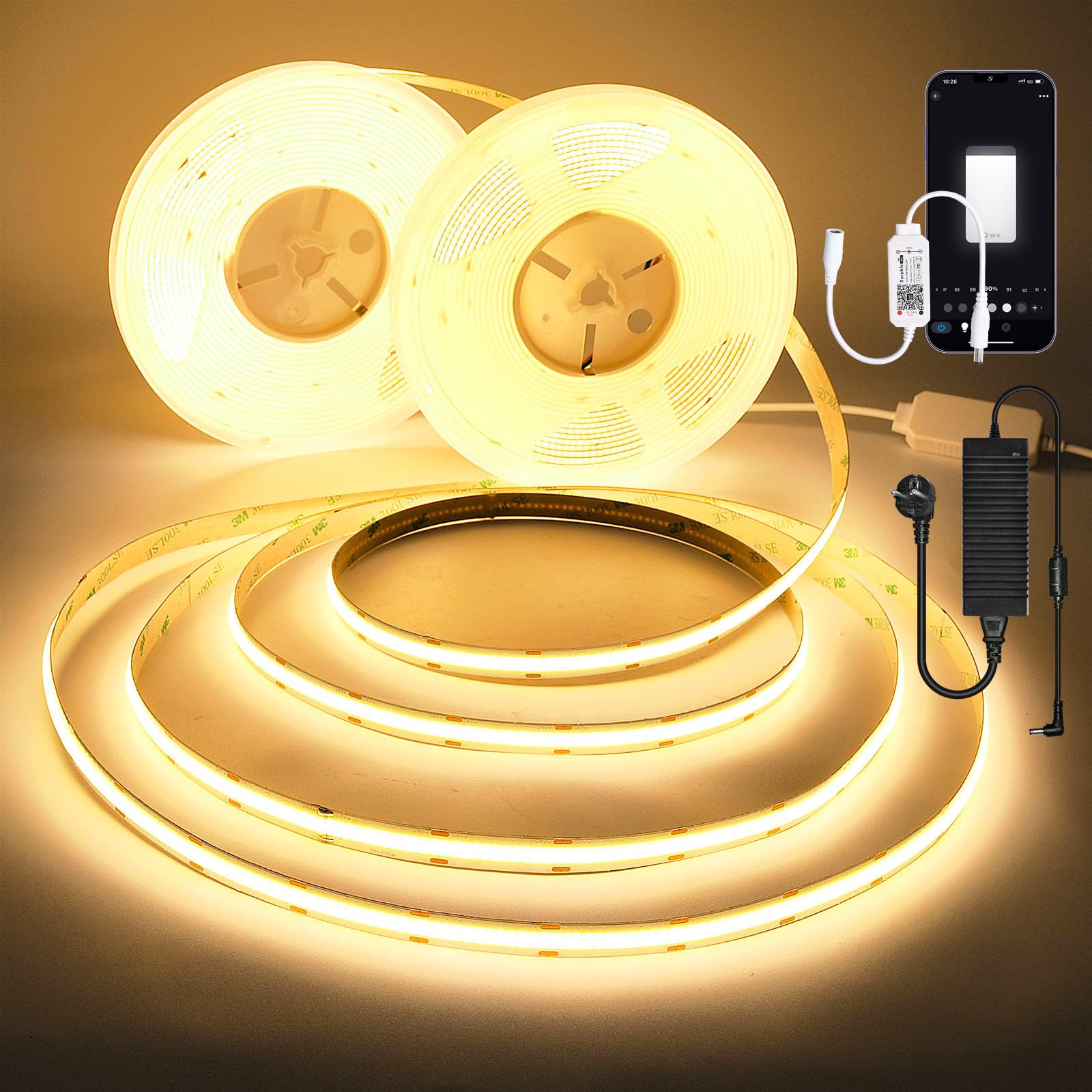 20 m Wifi Smart COB LED Striscia luminosa 2700 k bianco caldo, 384 led/M DC12 V, CRI 90+, 5670 lm, nastro LED COB set funziona con Google Home Assistant/Alexa, con dimmer wifi e alimentazione