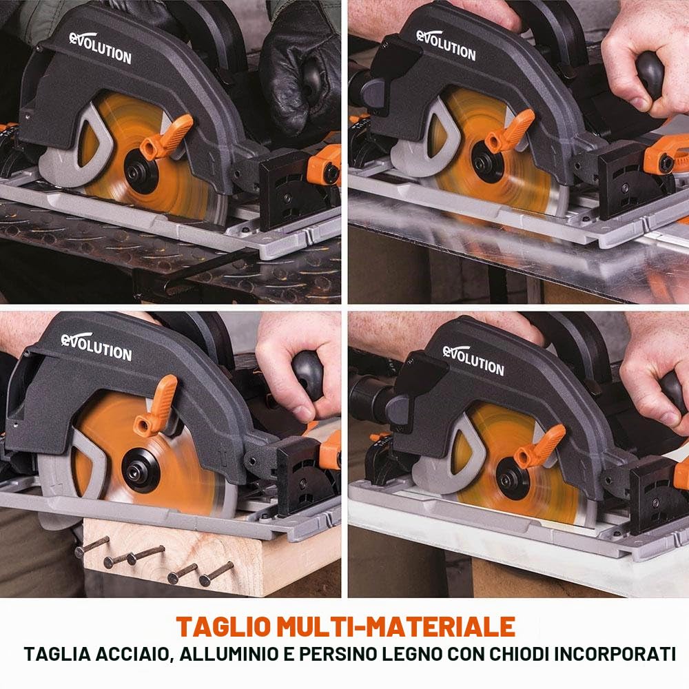 Evolution Power Tools - R185CCSX+ Sega Circolare Multi-Materiale 185 mm Compatibile con Binario Guida (Pacchetto Plus con Custodia da Trasporto), 230 V