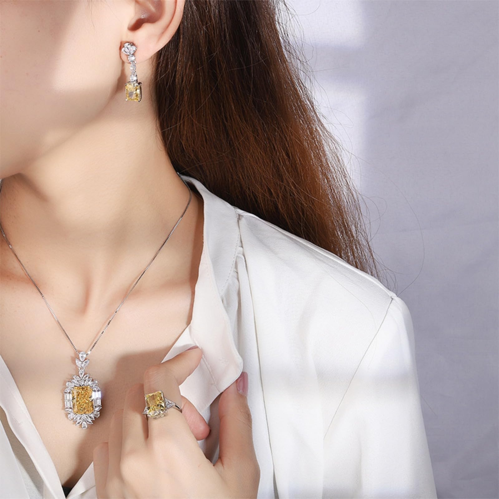 Juego de 2 piezas de joyería de boda amarillas para novia, dama de honor, collar con colgante de eslabones y anillos de tamaño 5-9, juego de joyas de diamantes de imitación de circonita cúbica