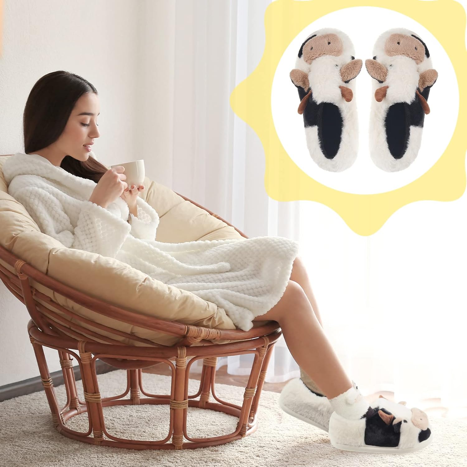 Zhanmai Fuzzy Cow Slippers Sock Gift Women Cartoon Animals Fluffy Plush Non Skid Winter Print House Shoes - Image 5