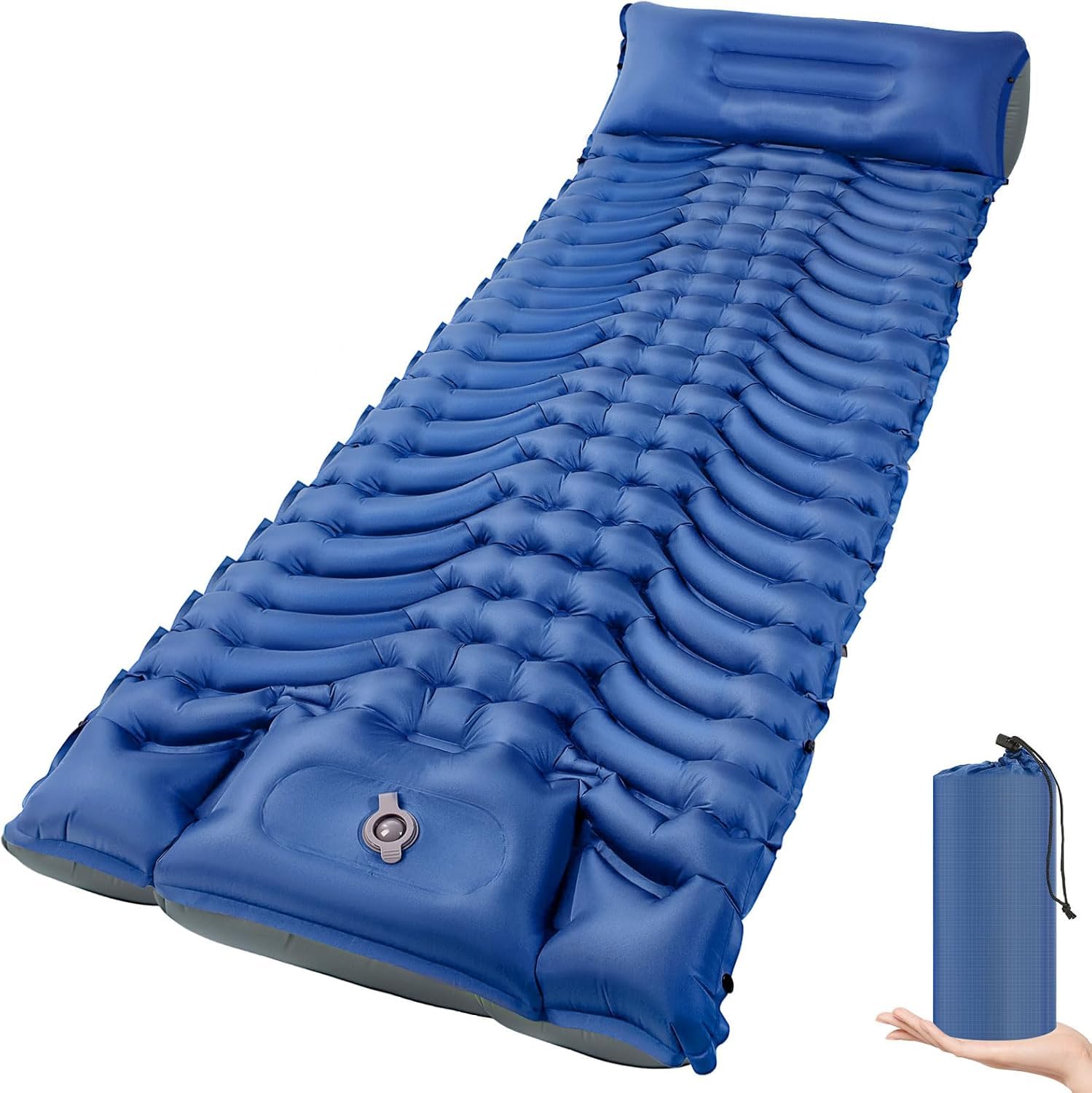 Matelas de camping gonflable avec oreiller, pompe à pied intégrée, tapis compact pour camping, randonnée, voyage, tente (bleu)