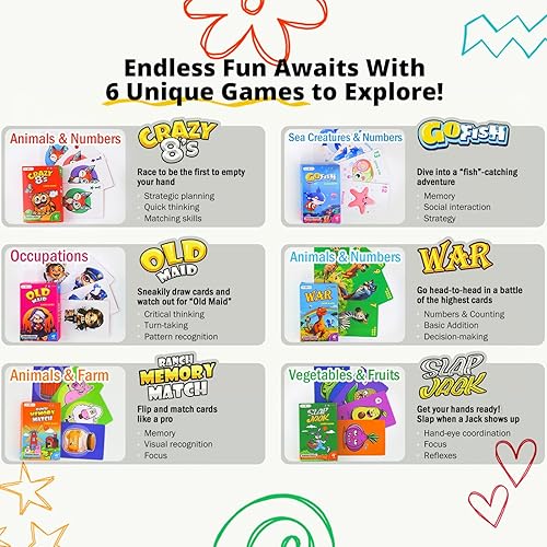 Miniatura 4 de Paquete mejorado de juegos de cartas para niños, 6 cubiertas, Go Fish, Old Maid, Crazy Eights, Memory Match, Slap Jack, War, Jugar a las cartas,