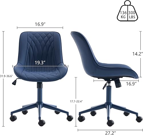 Miniatura 2 de YOUNIKE Silla de escritorio de oficina en casa con ruedas, silla de tocador sin brazos con respaldo, cómoda y moderna silla tapizada de cuero, silla