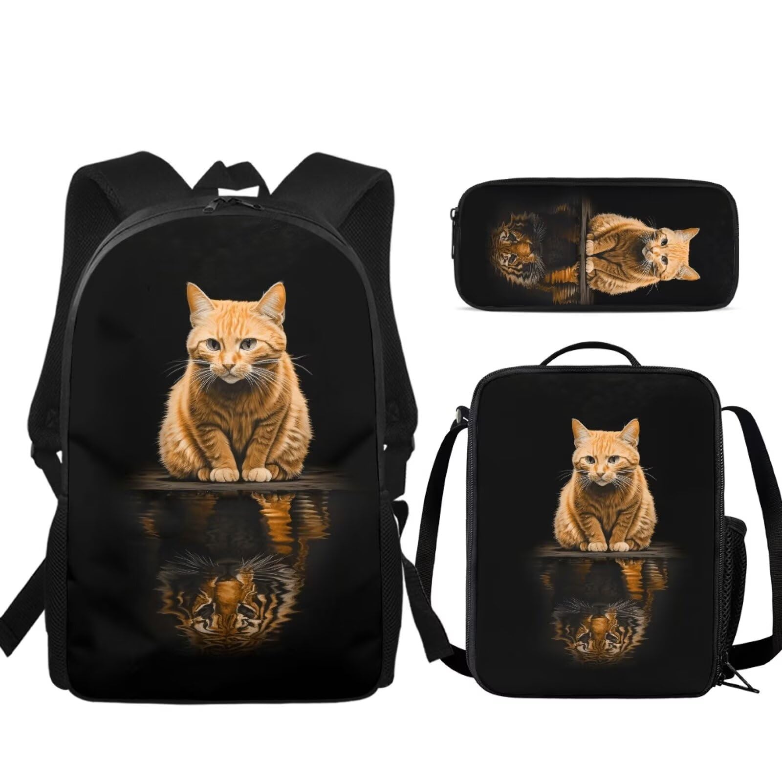 PJHEQOXE Cute Orange Cat Backpack With Lunch Box And Pencil Case For Girls And Boys, 17 inch Pressure Relief Backpacks For Kids For School, Trips And