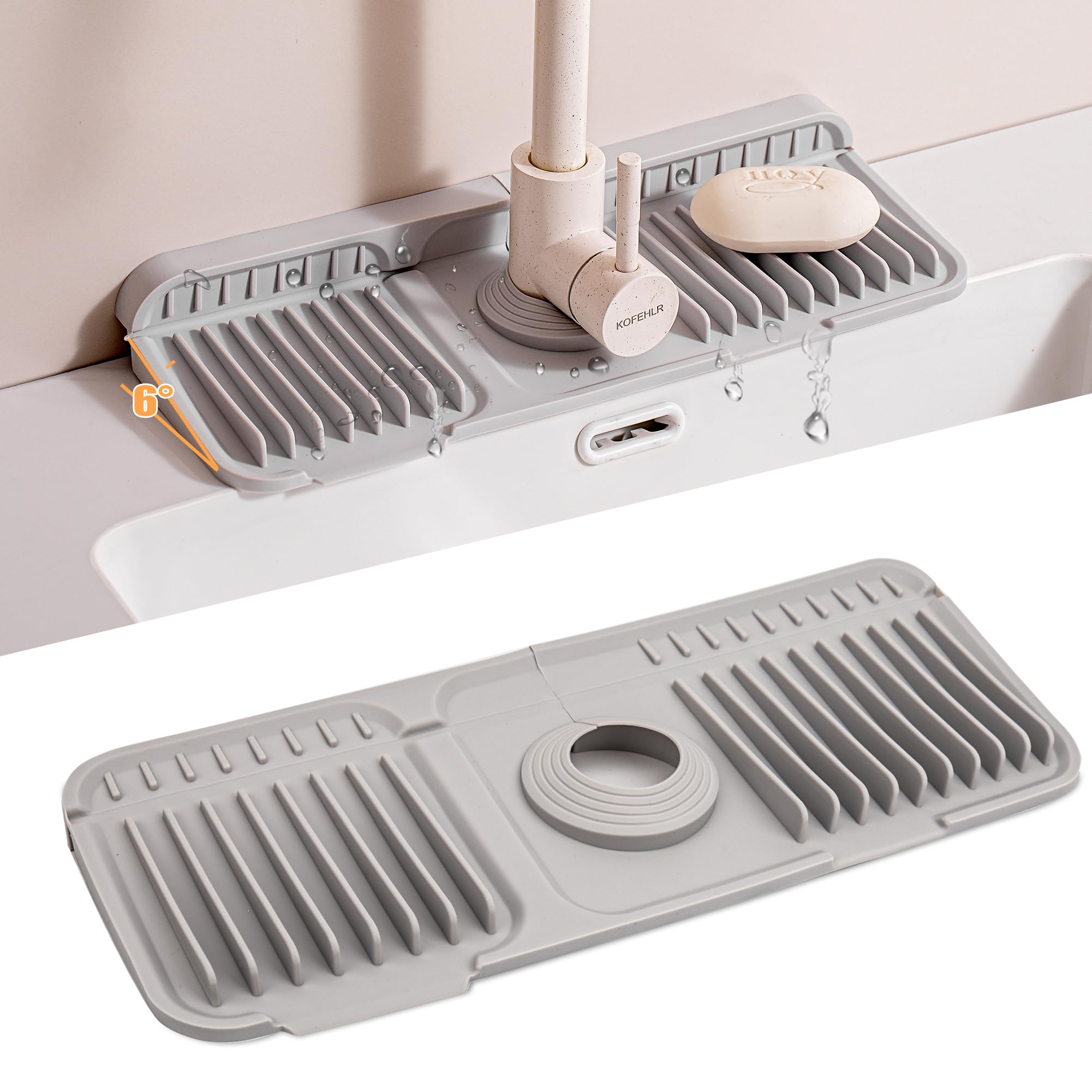 Volminex 6° Slope Kitchen Sink Splash Guard Mat, Silicone Faucet Mat Foldable, Faucet Handle Drip Catcher Tray, Draining Pad Around Tap for Kitchen Bathroom (Gray, 37 x 14 cm (Rectangular))