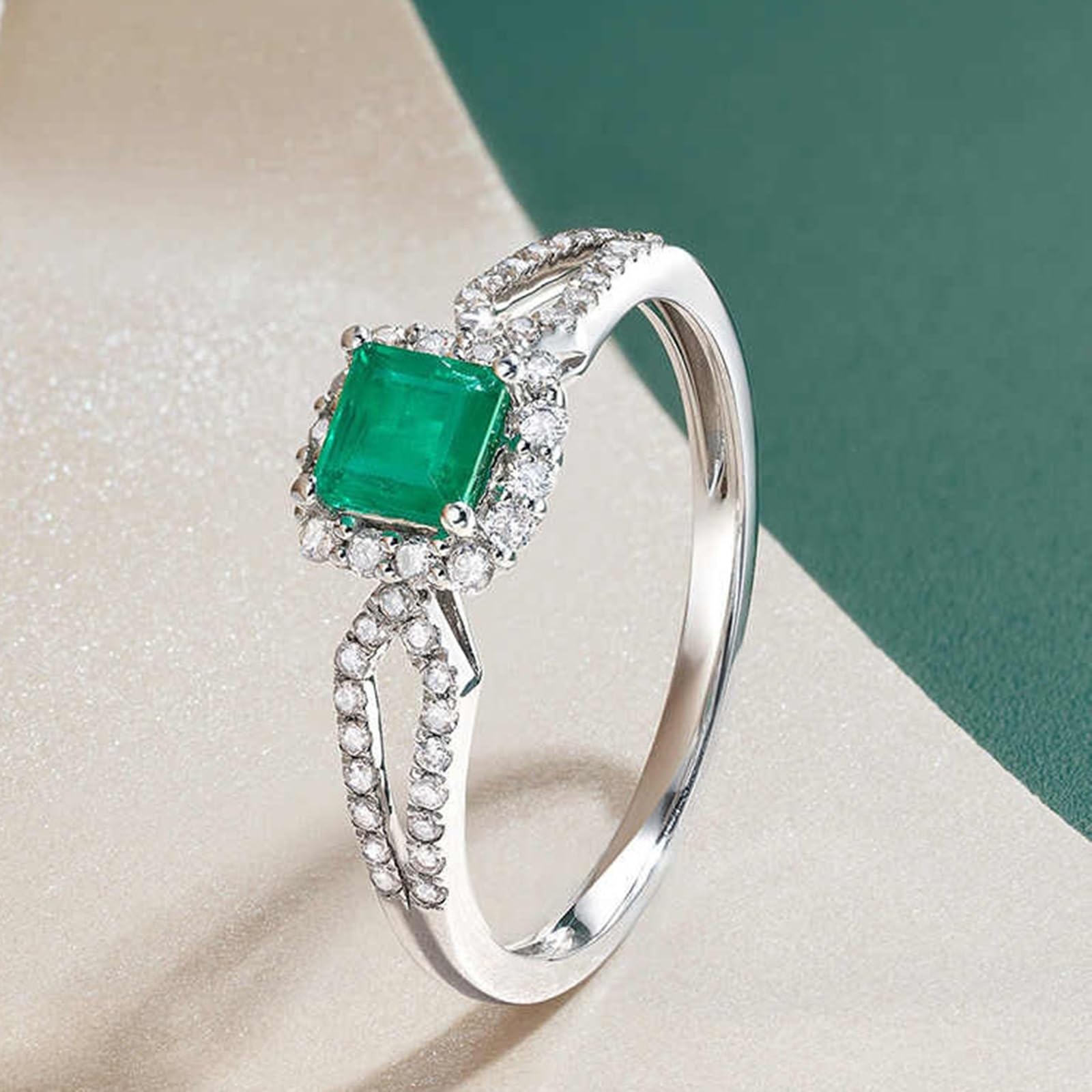 Pierścionek damski, białe złoto, prawdziwe złoto, pierścionek zaręczynowy, elegancki 0,4 ct szmaragdowy pierścionek dla kobiet