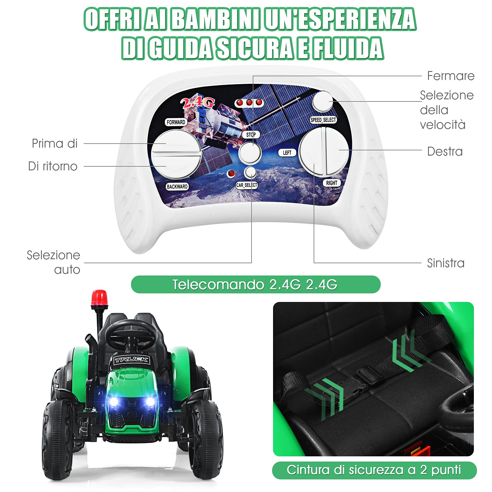 COSTWAY Trattore Elettrico per Bambini con Rimorchio, 2 in 1 Go Kart e Trattore per Bambini 3-8 Anni, con Telecomando e Cintura di Sicurezza a 2 Punti (Verde)