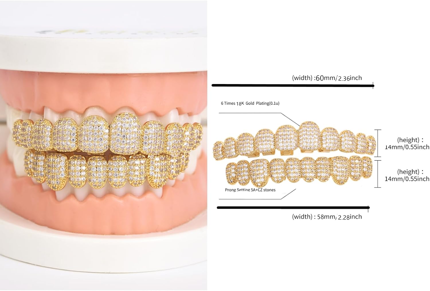 Grillz Teeth 18K Gold Plated Inlaid Zircon Hip Hop Punk Grills Rapper Costume 10-Tooth Top & Bottom for Halloween Christmas Unisex