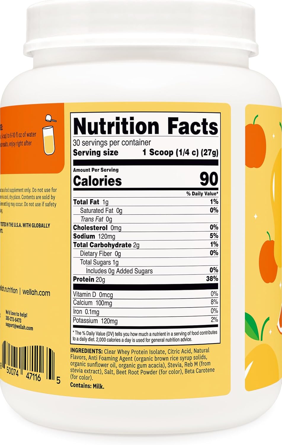 Wellah Clear Whey Protein Isolate Powder (Mango Clementine) 30 Servings - 20g of Protein, 90 Calories, Sweetened with Stevia