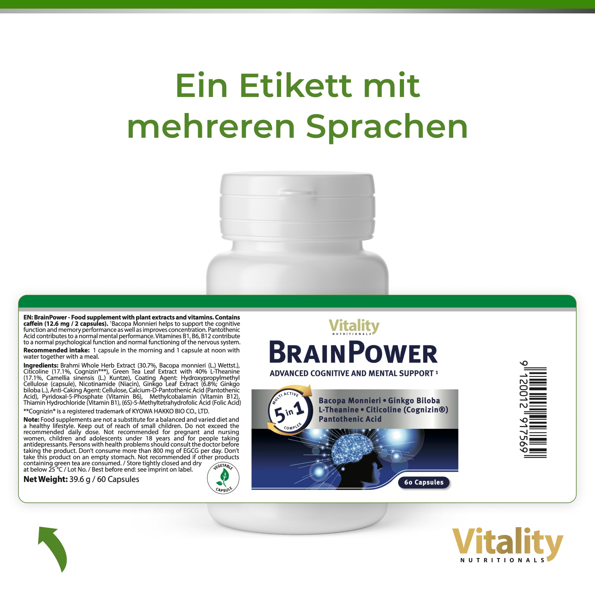 Brain Power Kapseln mit Ginkgo Biloba, Brahmi, L-Theanin, Koffein (60 Stk) Brain Booster Komplex für Arbeit, Uni, Gaming; Gehirnleistung, Konzentration & Gedächtnis Kapseln Vitality Nutritionals
