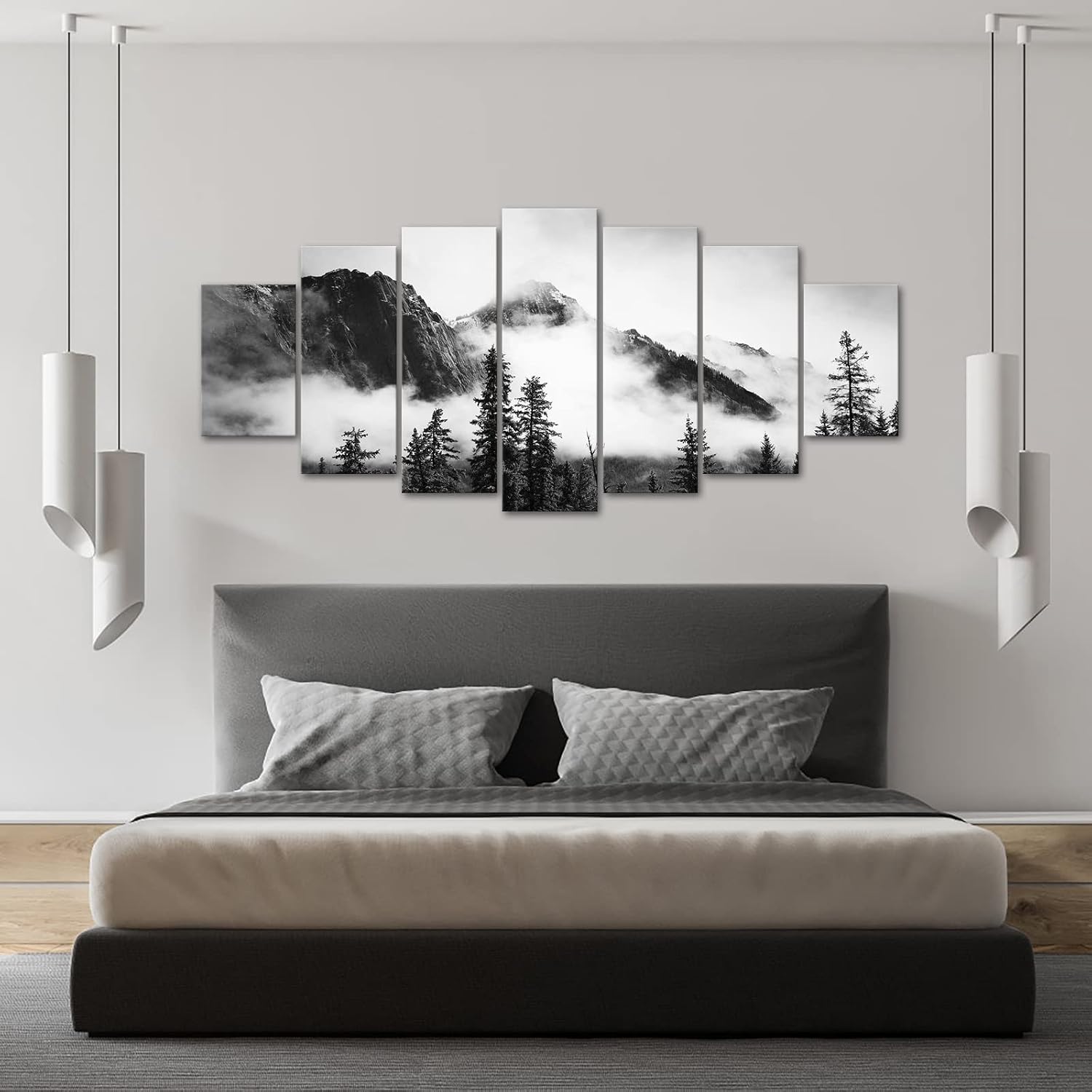 NutArtPic 7 Pieces Foggy Forest Canvas Wall Art Black and White Misty Mountain Artwork Prints Banff National Park Painting Framed Home Office Bedroom Decor 70''x32''