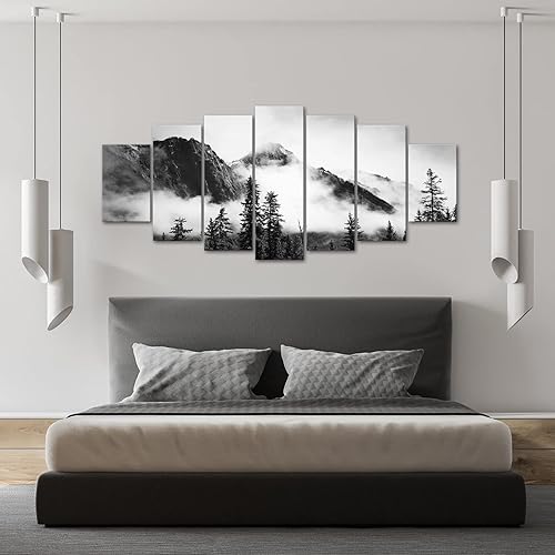 Miniatura 4 de NutArtPic 7 piezas de lienzo de bosque brumoso, arte de pared, diseño de montaña brumosa en blanco y negro, pintura enmarcada del parque nacional