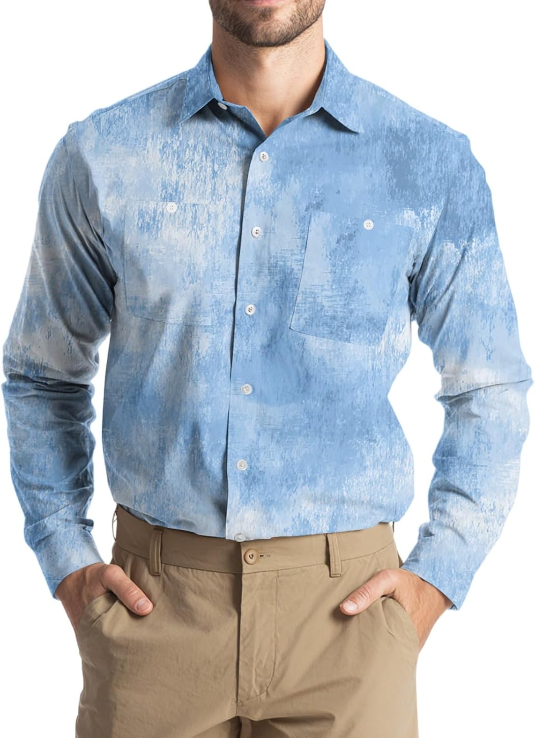 Ymosrh Men's Tie Dye Print Button Down Shirt Long Sleeve Casual Dress Work Shirts with Pockets