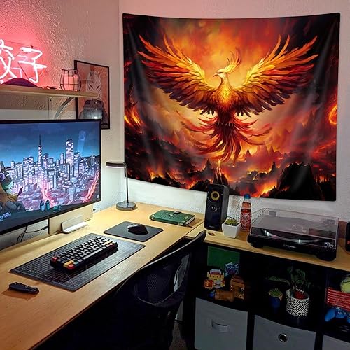 Miniatura 4 de JAWO Tapiz de pájaro fénix de fantasía para hombres, tapiz hippie de animales de anime rojo para colgar en la pared para dormitorio, tapiz estético,