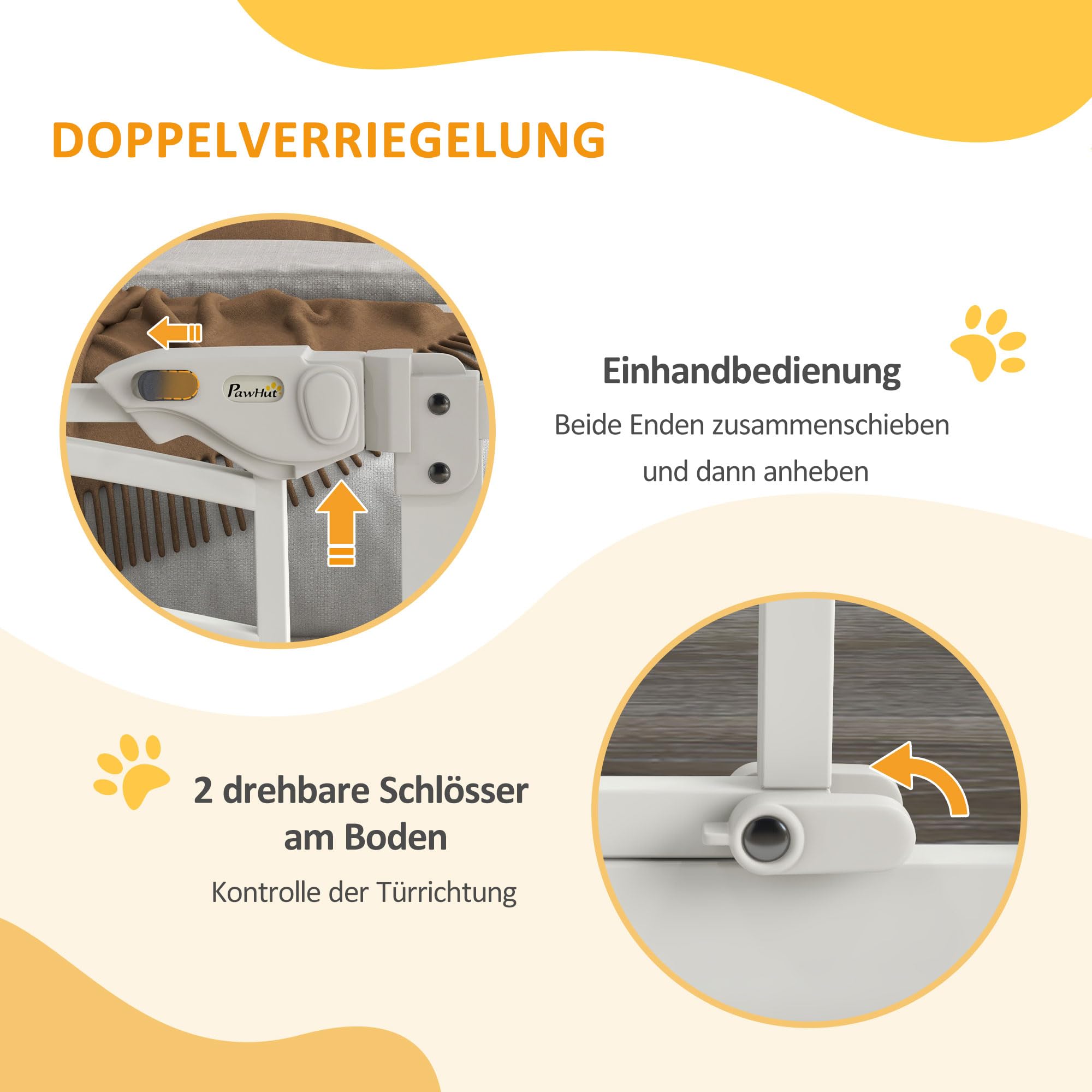 PawHut Stair Gate Dog Door Gate with Two Extensions, Barrera para Perros con Puerta de Cierre automático, Apertura con una Sola Mano, 74-100 cm, para Perros pequeños y medianos, Blanco