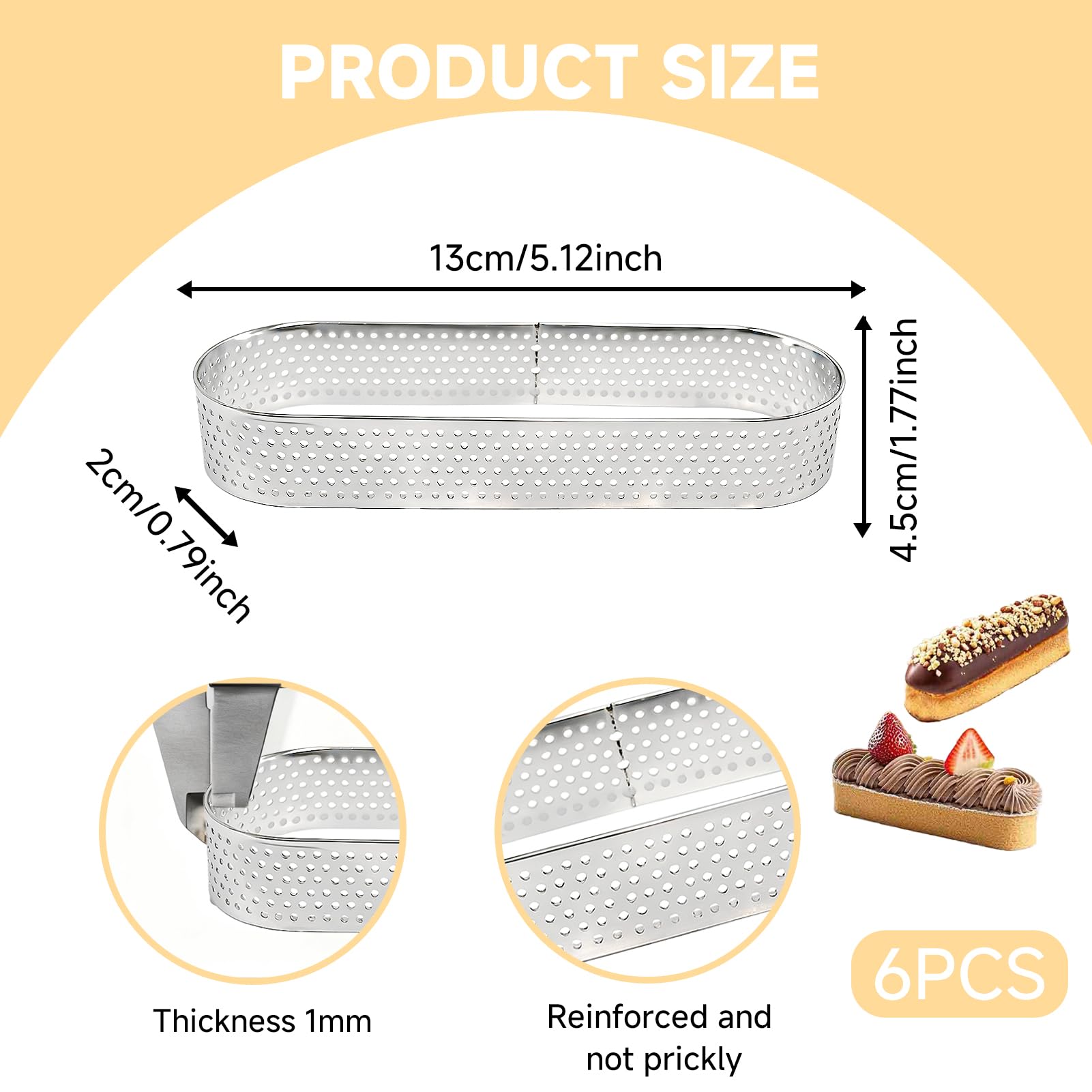Cerchio per torta anello per torta di pasticceria, set di 6 stampi in acciaio inossidabile a forma ovale, resistenti al calore, perforati per torte in schiuma