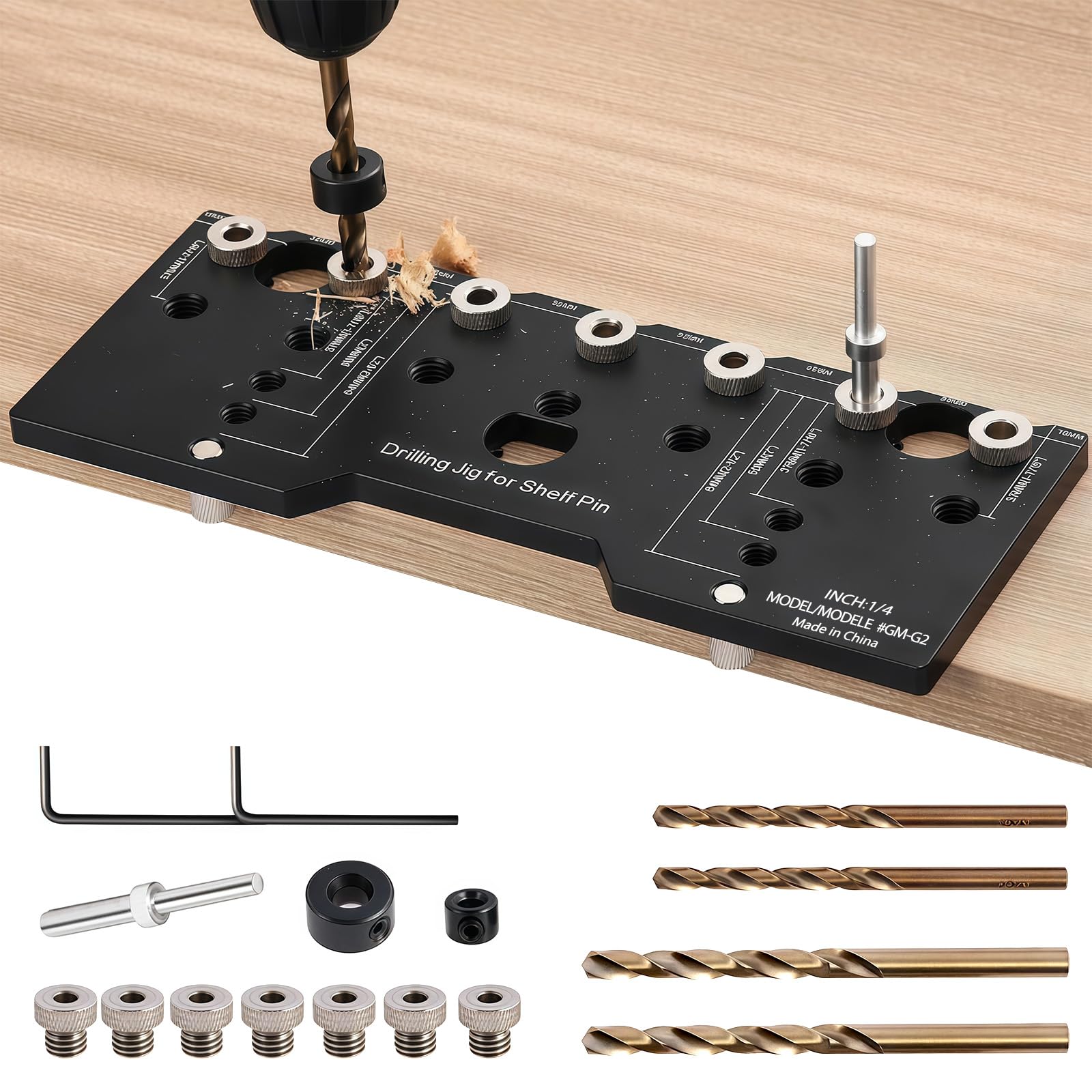 Shelf Pin Jig, 1/4 Inch 5mm Aluminum Alloy Shelf Pin Drilling Guide, Precise Cabinet Mounting Template Jig with Drill Bits Carry Case, 32mm Spacing Woodworking Straight Hole Hardware