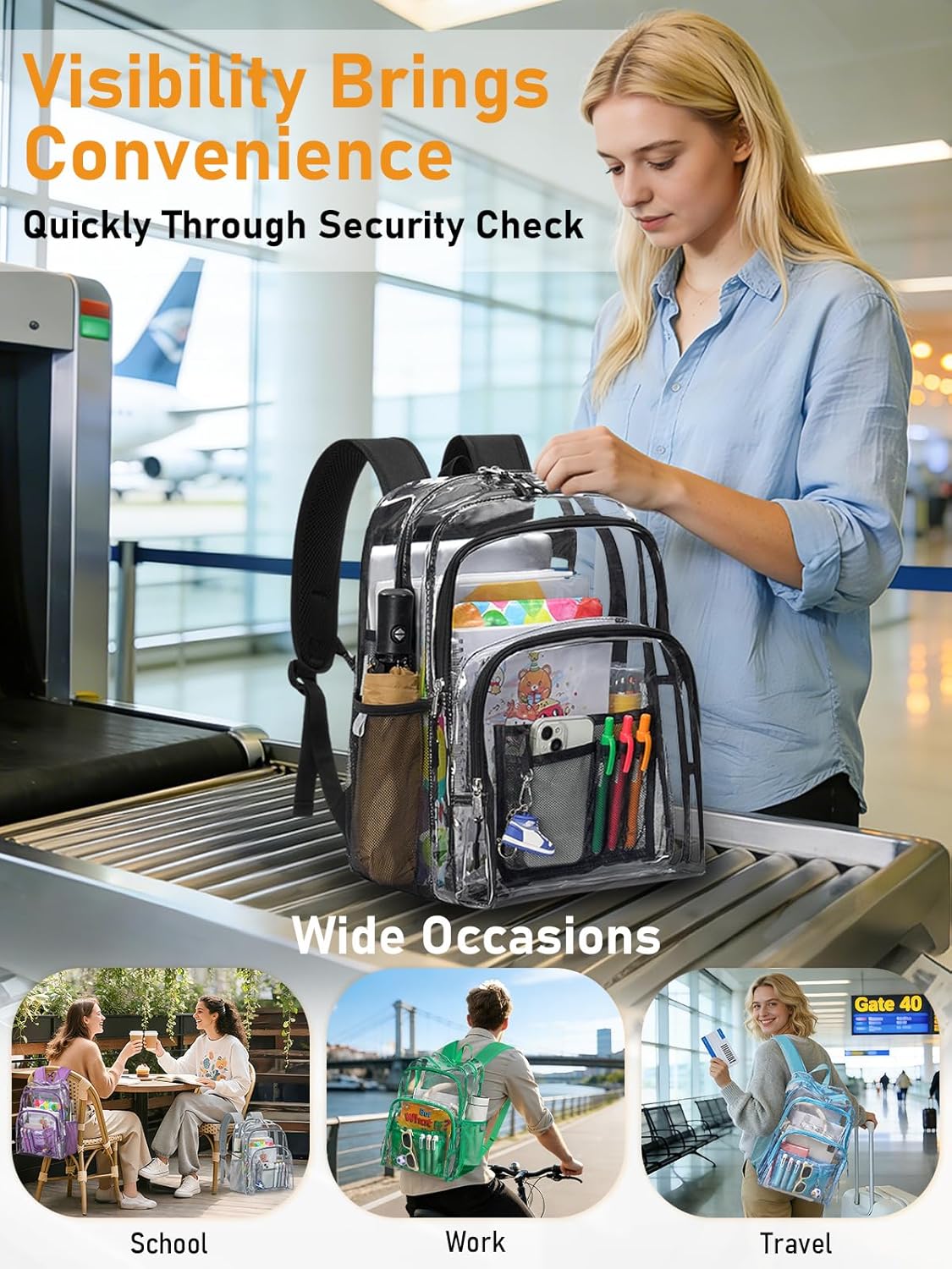 Double Layer Large Clear Backpack, 17 inch Transparent TPU Clear Bookbag, Heavy Duty See Through Backpack for College, Work, Travel, Casual Sport, Black - Image 2