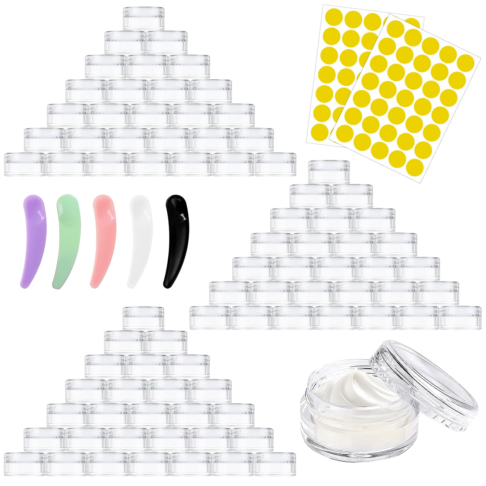 Beauty Refillable Containers 100 Pcs Sample Pots, 5ml/5g Travel Cosmetic Jar, Small Plastic Containers, Empty Clear Tin Bottles with Lids Labels Spatula, Makeup Accessories for Toiletries