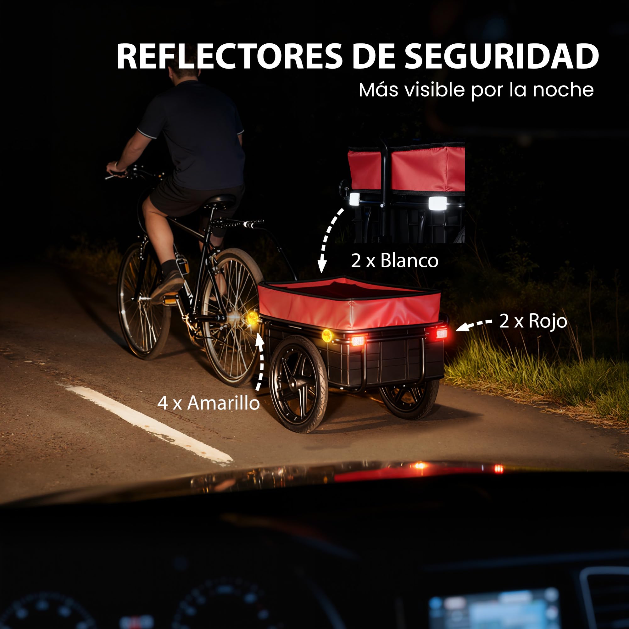 HOMCOM Remolque de Bicicleta para Carga 40 kg, Carro de Mano con Cubierta de Tela Oxford Impermeable, Reflectores, Marco de Acero y Asas para Transporte de Equipaje, 144x59x80 cm