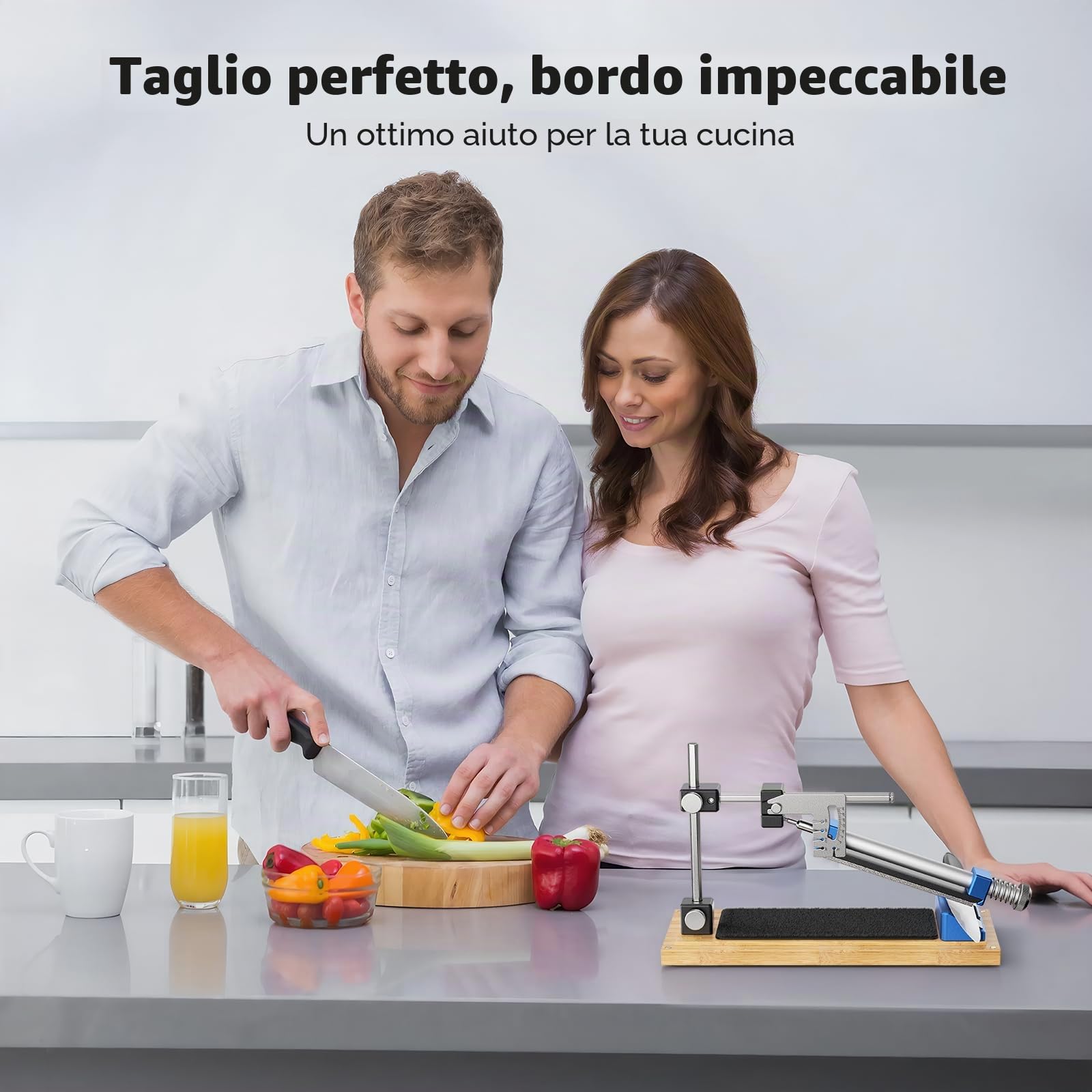 Affilacoltelli manuale con guida angolare – Kit professionale comprensivo di 4 pietre per affilare, adatto a tutti i coltelli da cucina e da outdoor, con base antiscivolo in legno