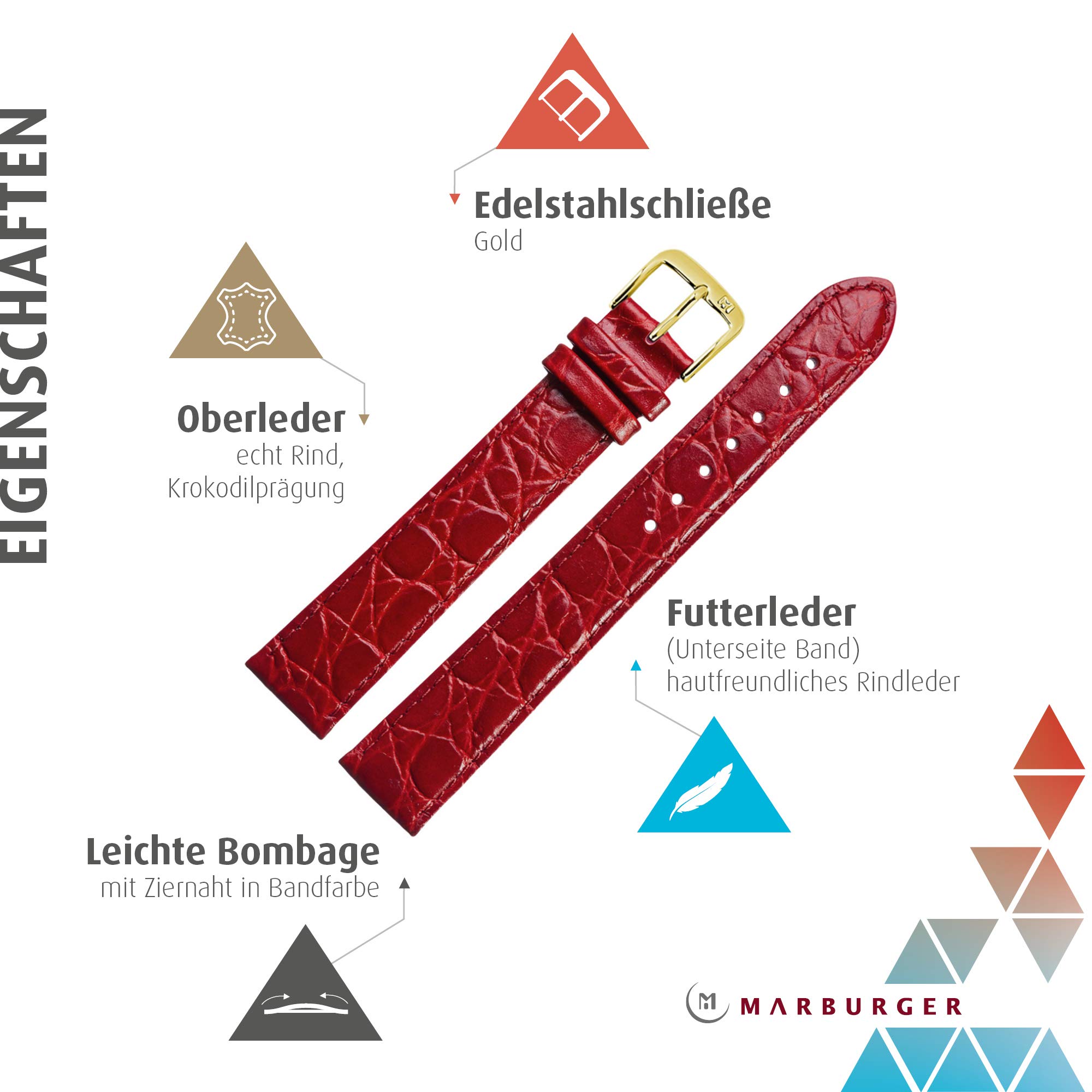 MARBURGER Uhrenarmband 16mm Leder Kroko Prägung XL - Werkzeug Montage Set 68116