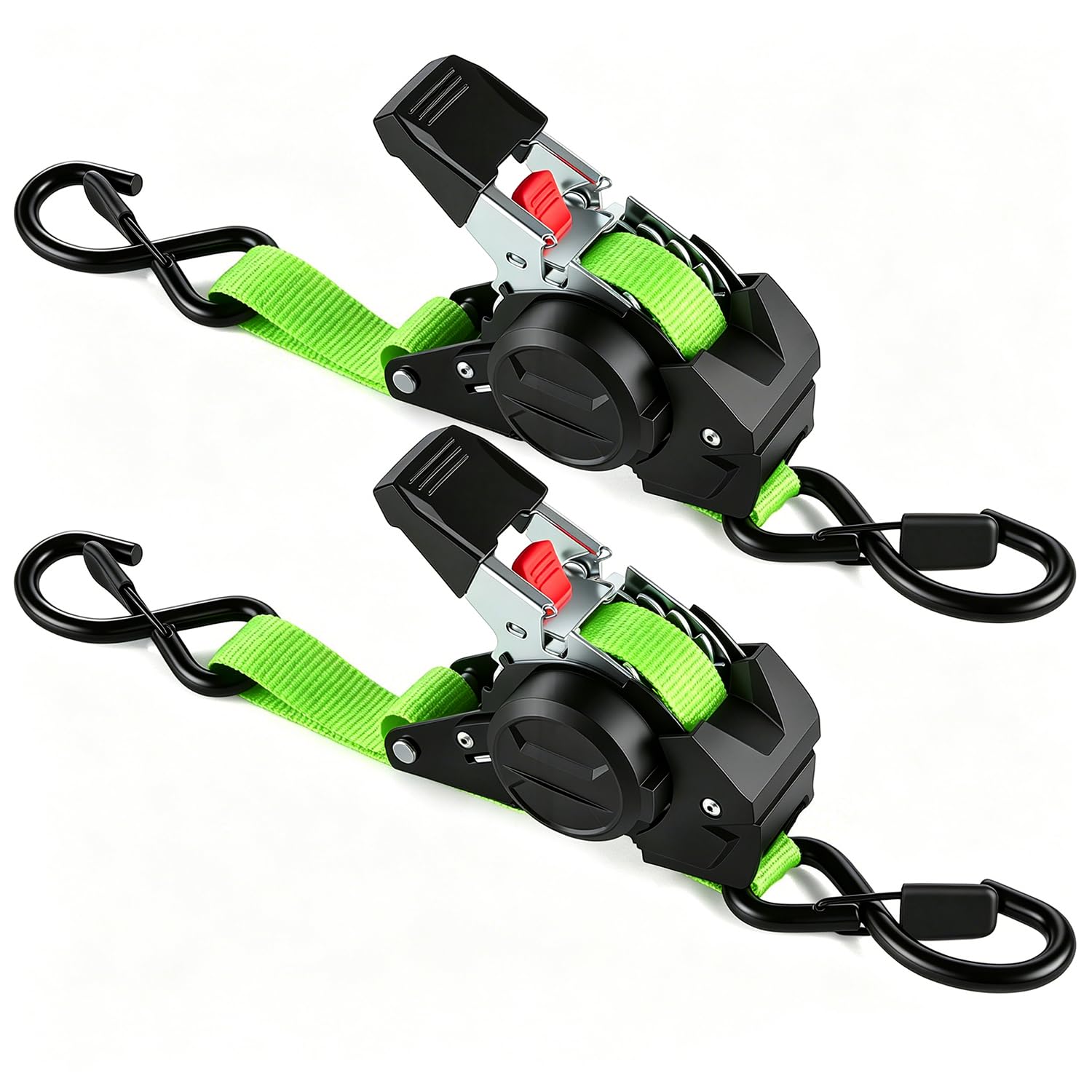 Cinghie a Cricchetto Autoavvolgenti 3m x 25mm | Set di 4 Pezzi con ganci a S, 750kg carico di rottura | Cinghie di fissaggion per moto, rimorchio, camion - Verde
