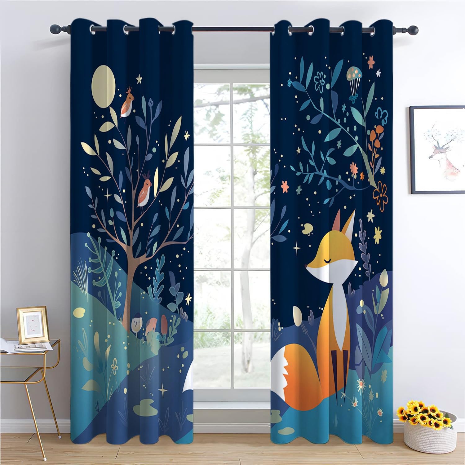 CozyRest Verdunklungsvorhänge Gardinen mit Ösen Blickdichte Vorhänge Lärmschutzvorhang für Kinderzimmer Thermo Gardinen mit Fuchs Vogel und Baum am Nachthimmel Muster, 215 x 110 cm (HxB), 2er Set