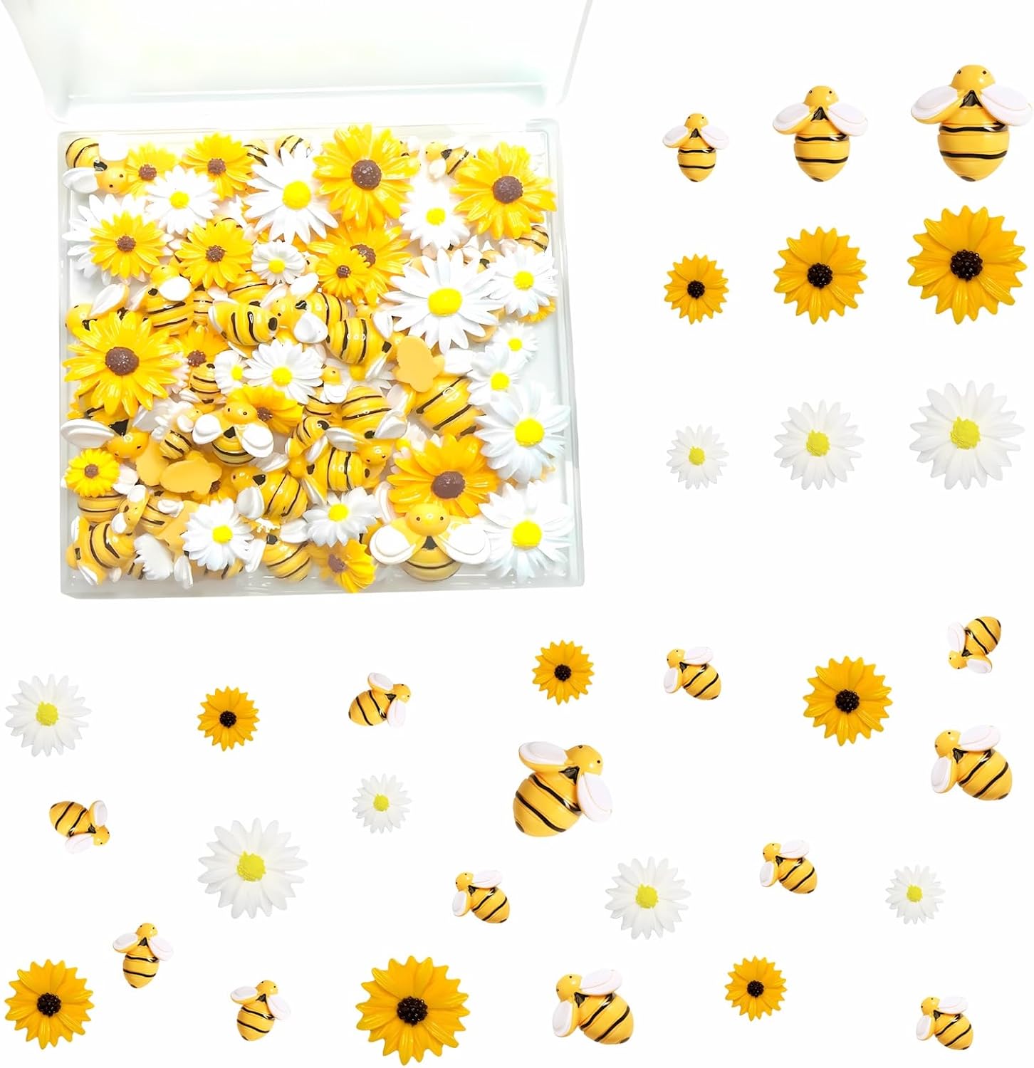 100PCS Resin Bee Daisy Flowers Decor Mini Bees for Crafts Sunflower Bumble Bee Embellishment Beads Charms with Box for DIY Wreath Scrapbooking Party Decorations, 3 Sizes
