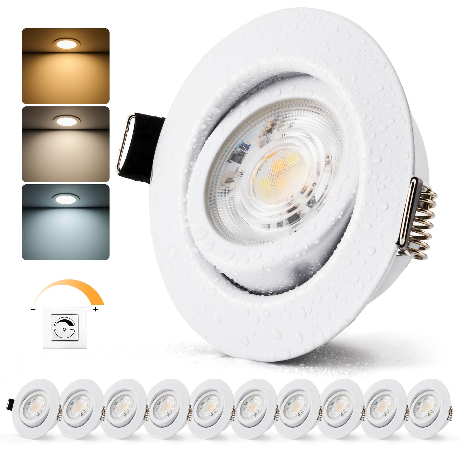 Bojim Focos LED Interior Regulables 7W IP44, Corte 68mm-80mm, Luz Cálida Neutra Fría, para Baño Cocina Habitación, Blanco, 10 Pack