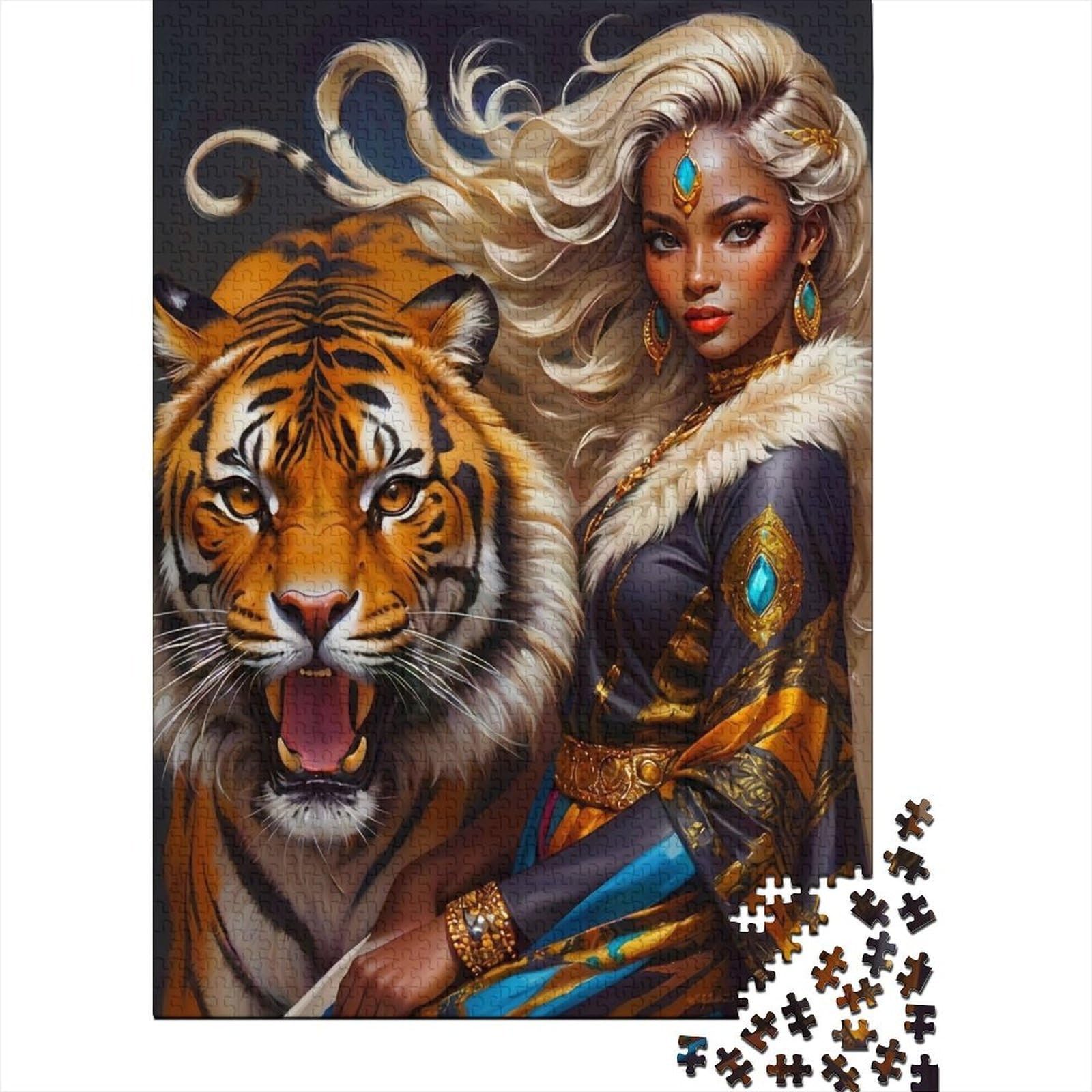 Tiger Warrior Queen 1000 Piece Jigsaw Puzzle Set for Hobbyists Premium Cardboard Home Decor Wall Art Difficult Challenge Game Jigsaw 38x26cm/1000pcs