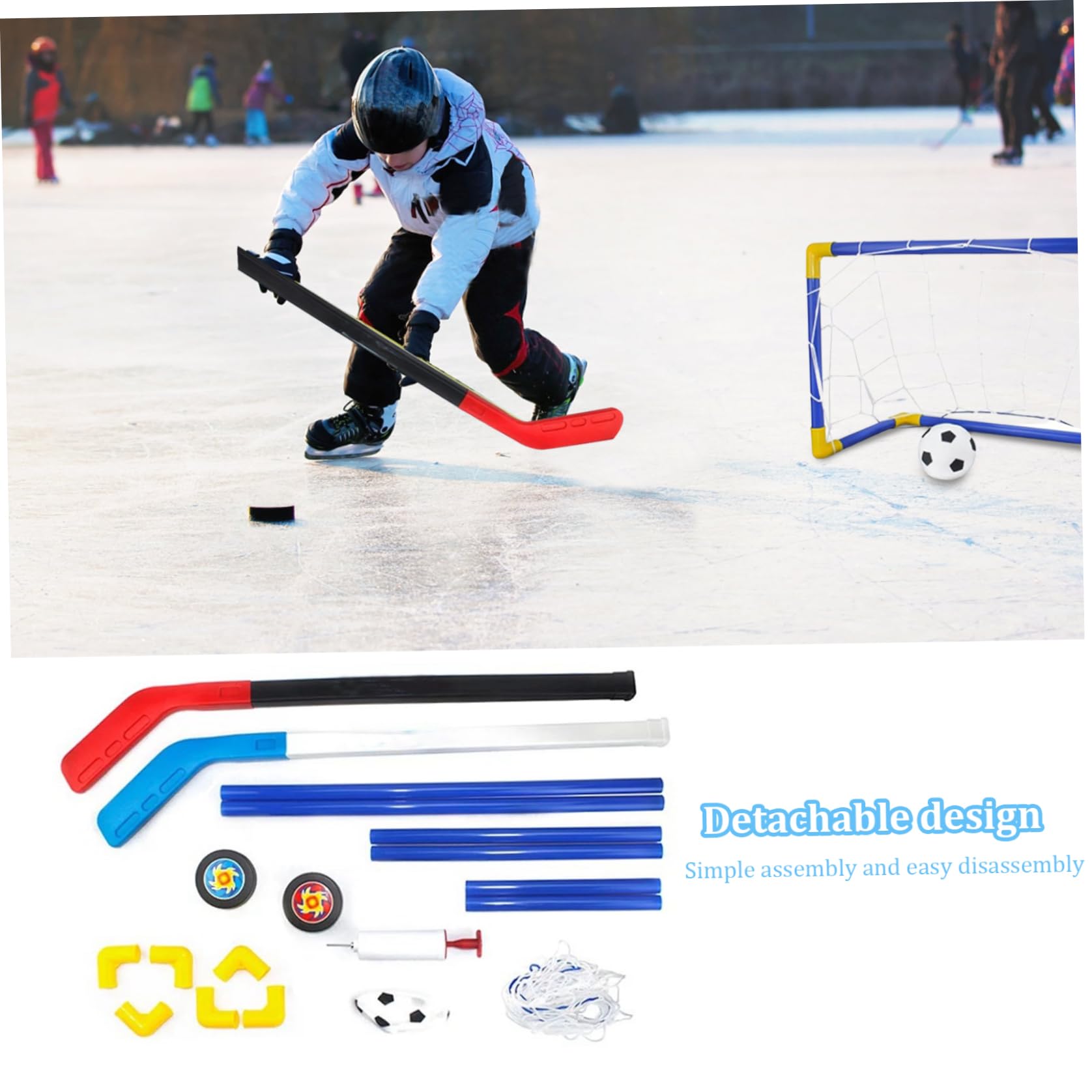 Set da Calcio per Mini Hockey 2 in 1 con Mini Rete, Mazza da Hockey, Pallone da Calcio e Pompa per palloni, Porte da per Bambini