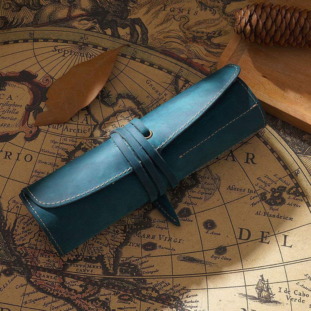 Operitacx Funda De Cuero Vintage Para y Lápices Estuche De Piel De Diseño Retro Para Oficina y Estudio Azul