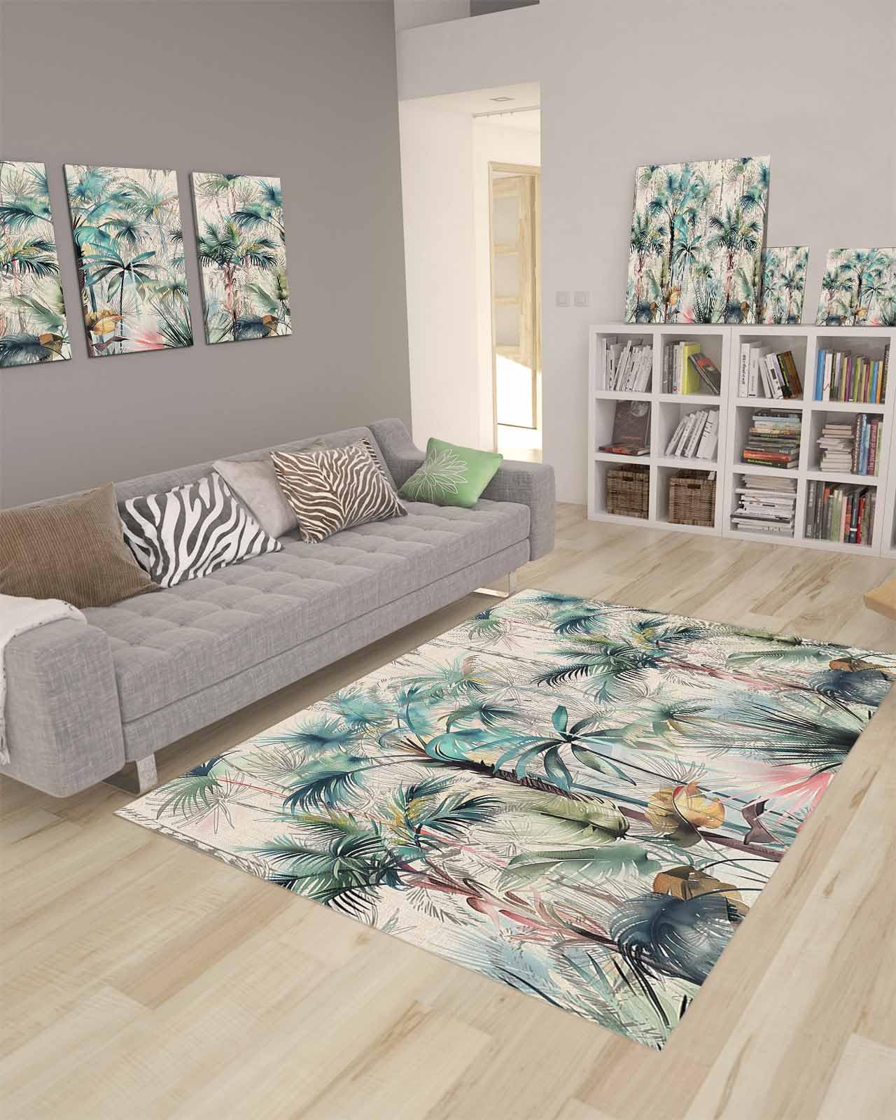 Green Palm Tree Large Rectangular Area Rugs 3' x 5' Living Room, Durable Non Slip Rug Carpet Floor Mat for Bedroom Bedside Outdoor Summer Watercolor