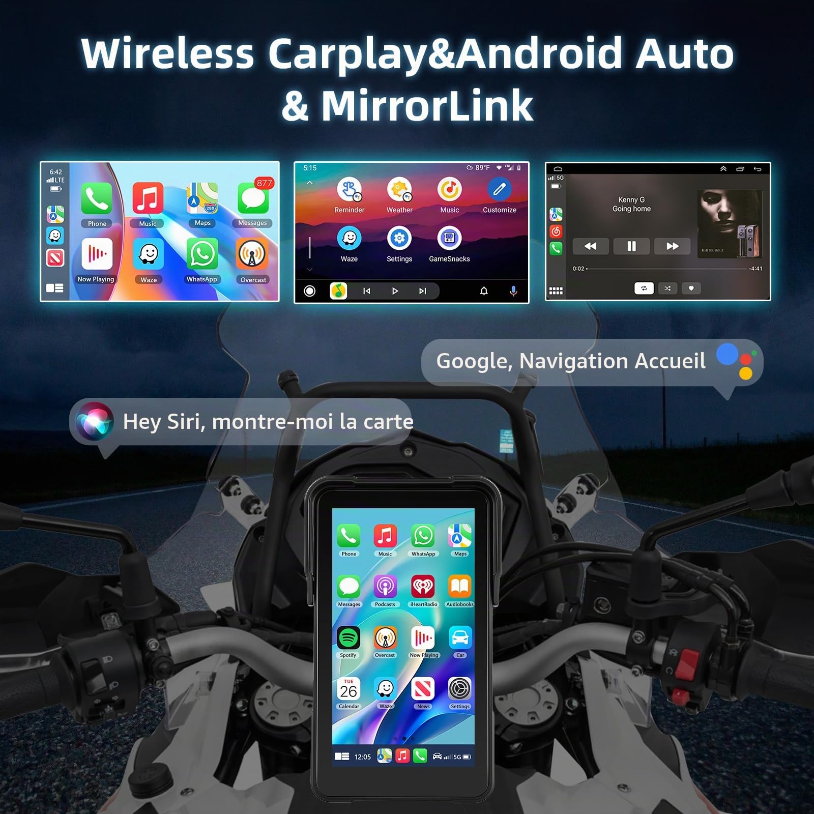 Écran Portable Carplay pour Moto, CarPlay sans Fil et Android Auto pour Moto, Écran Tactile Étanche de 5 Pouces avec Bluetooth, Navigation GPS, Siri/G00gle Assistant