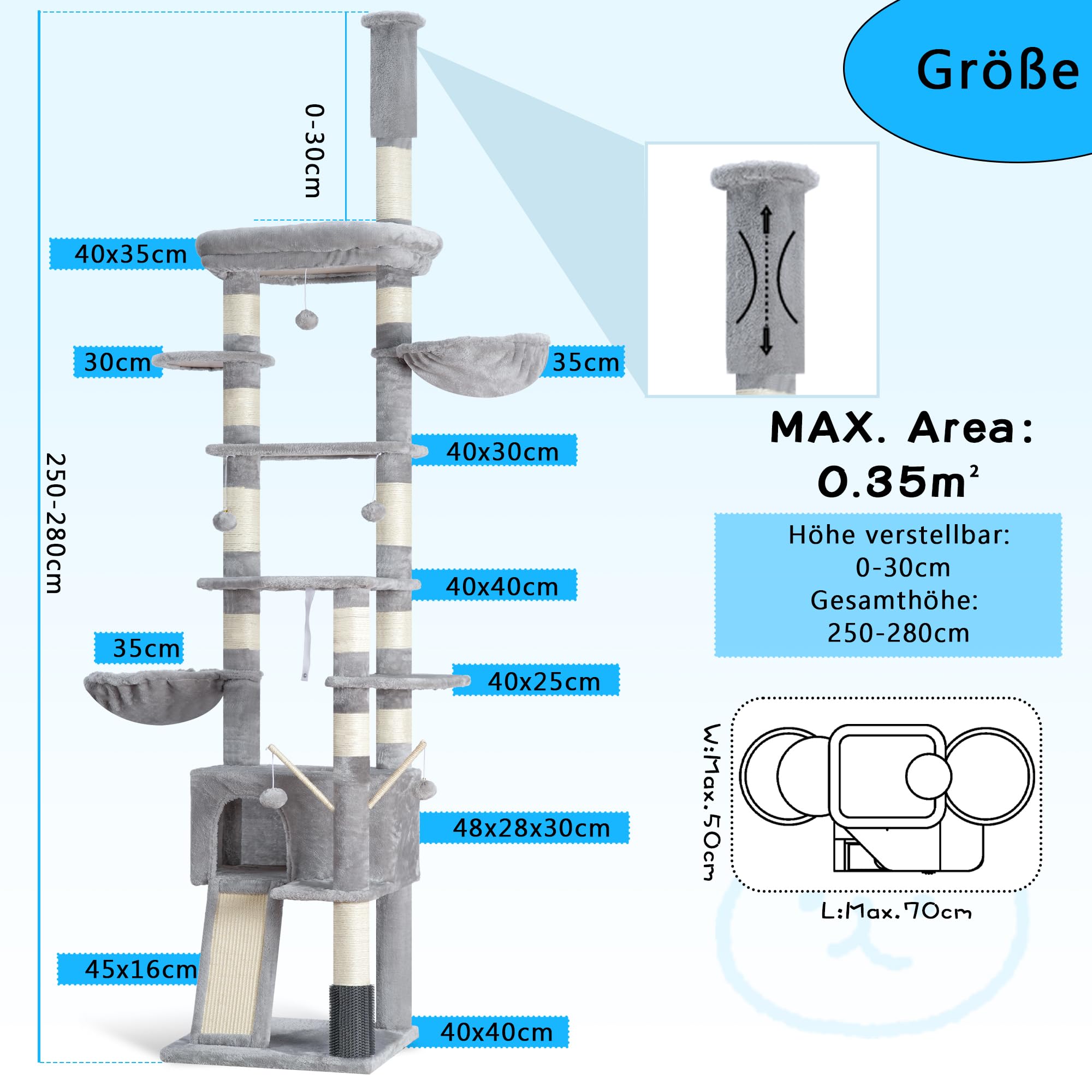 Hey-brother Albero tiragraffi regolabile in altezza, 250-280 cm, che raggiunge il soffitto, torre per gatti di grandi dimensioni, con grotta, grigio chiaro 0MPJ091W